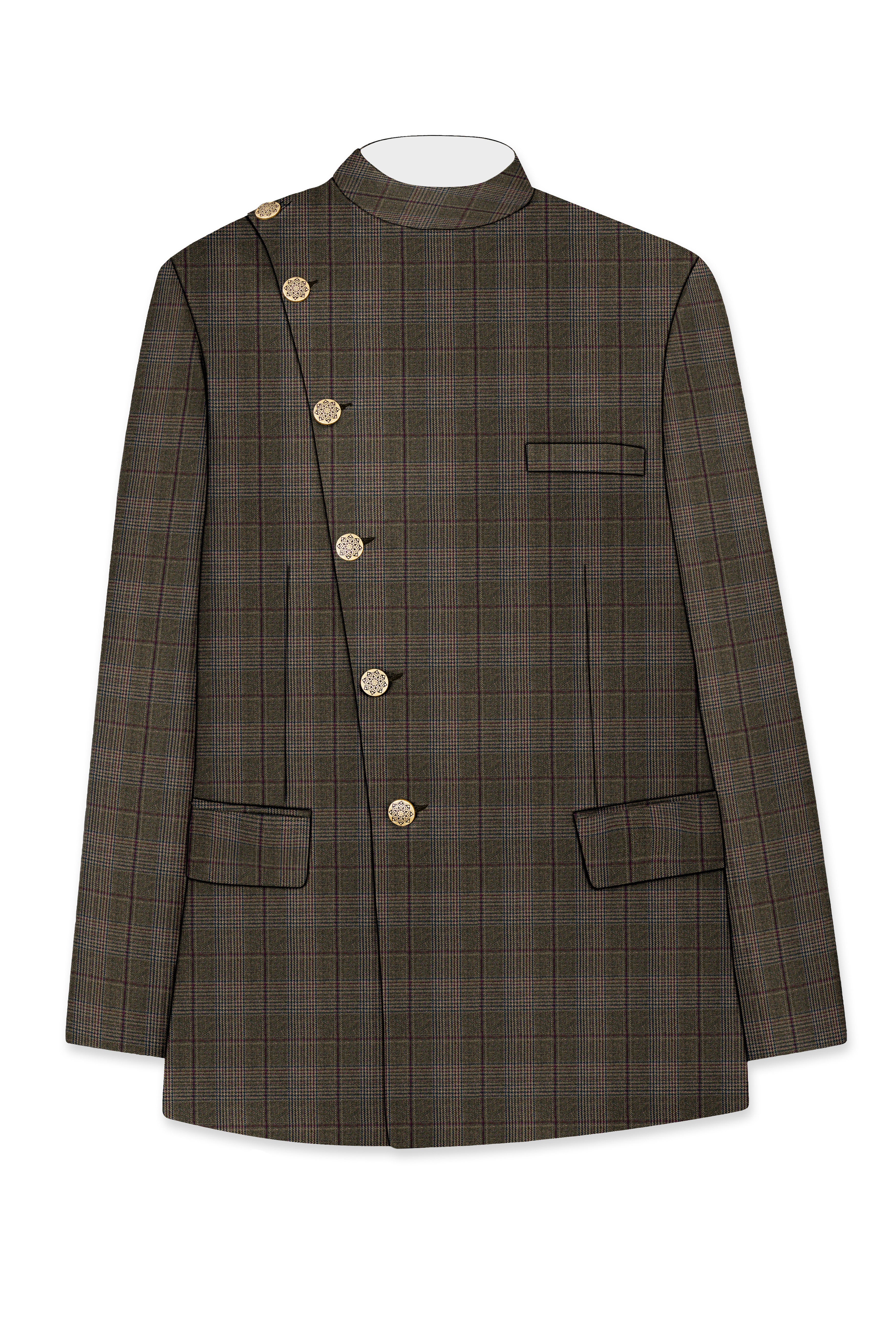 Fuscous Green and Bistre Brown Plaid Wool Rich Cross Placket Bandhgala Suit