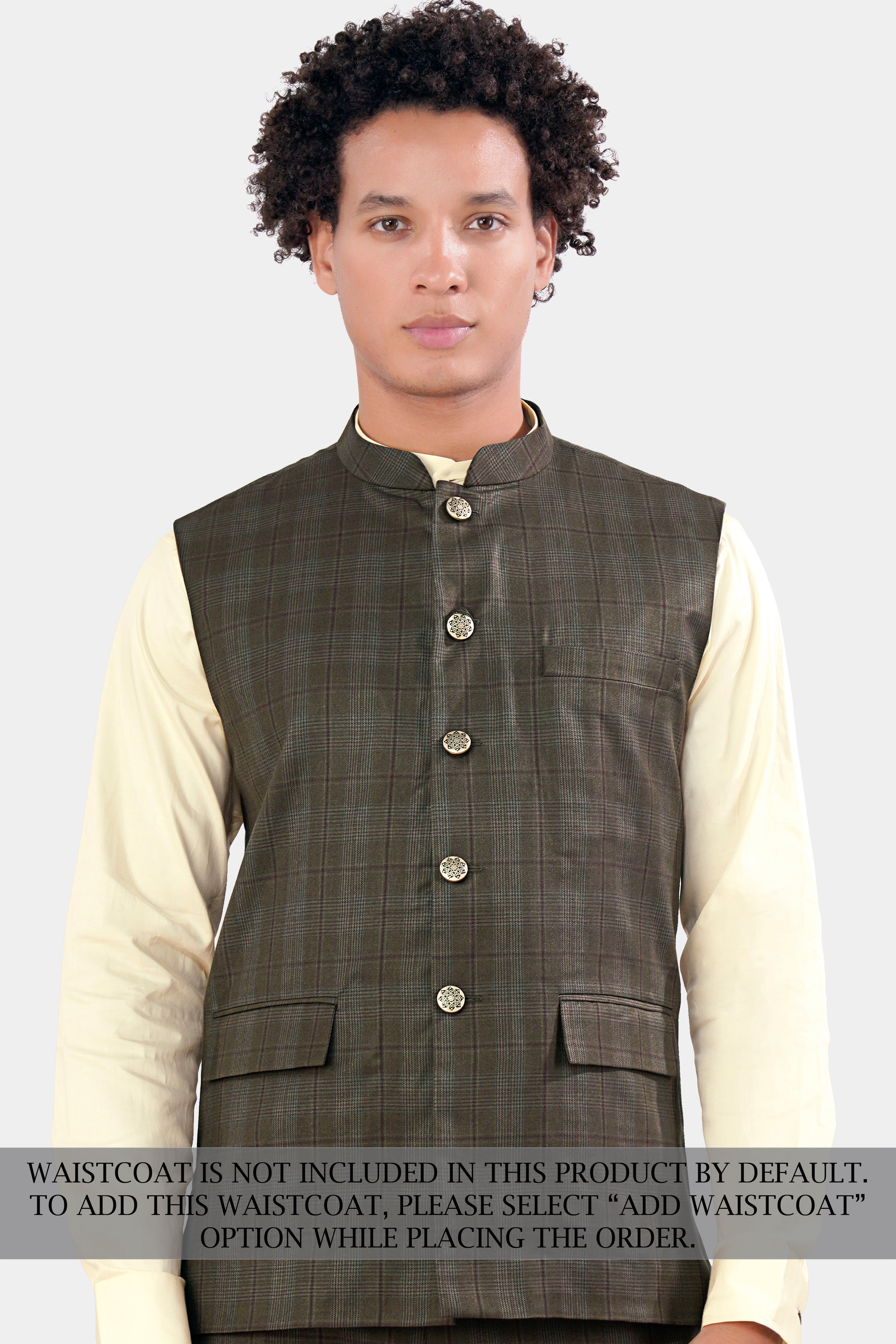 Fuscous Green and Bistre Brown Plaid Wool Rich Cross Placket Bandhgala Suit