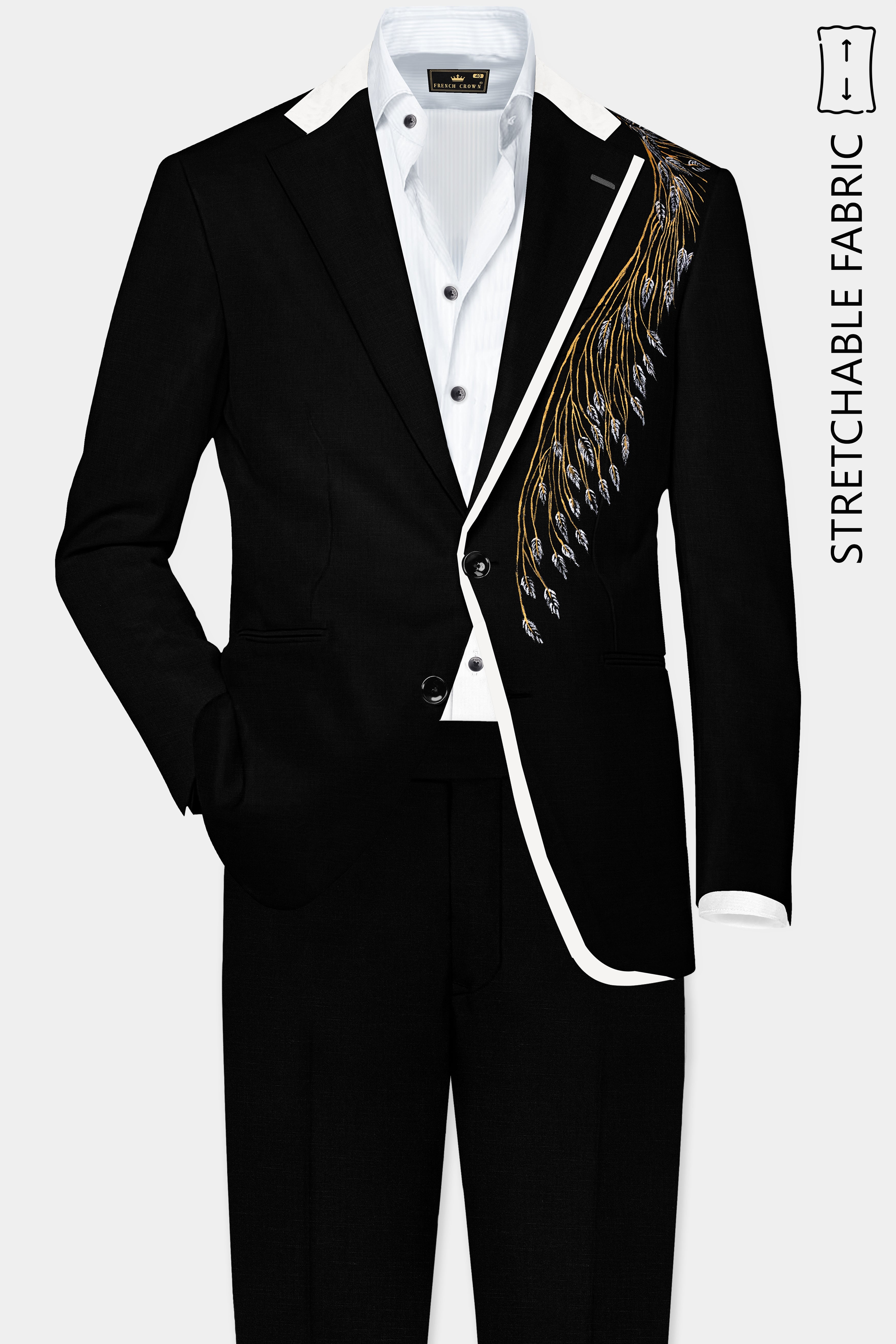 Onyx Black Hand Painted Stretchable Wool Rich Hand Painted Designer Suit