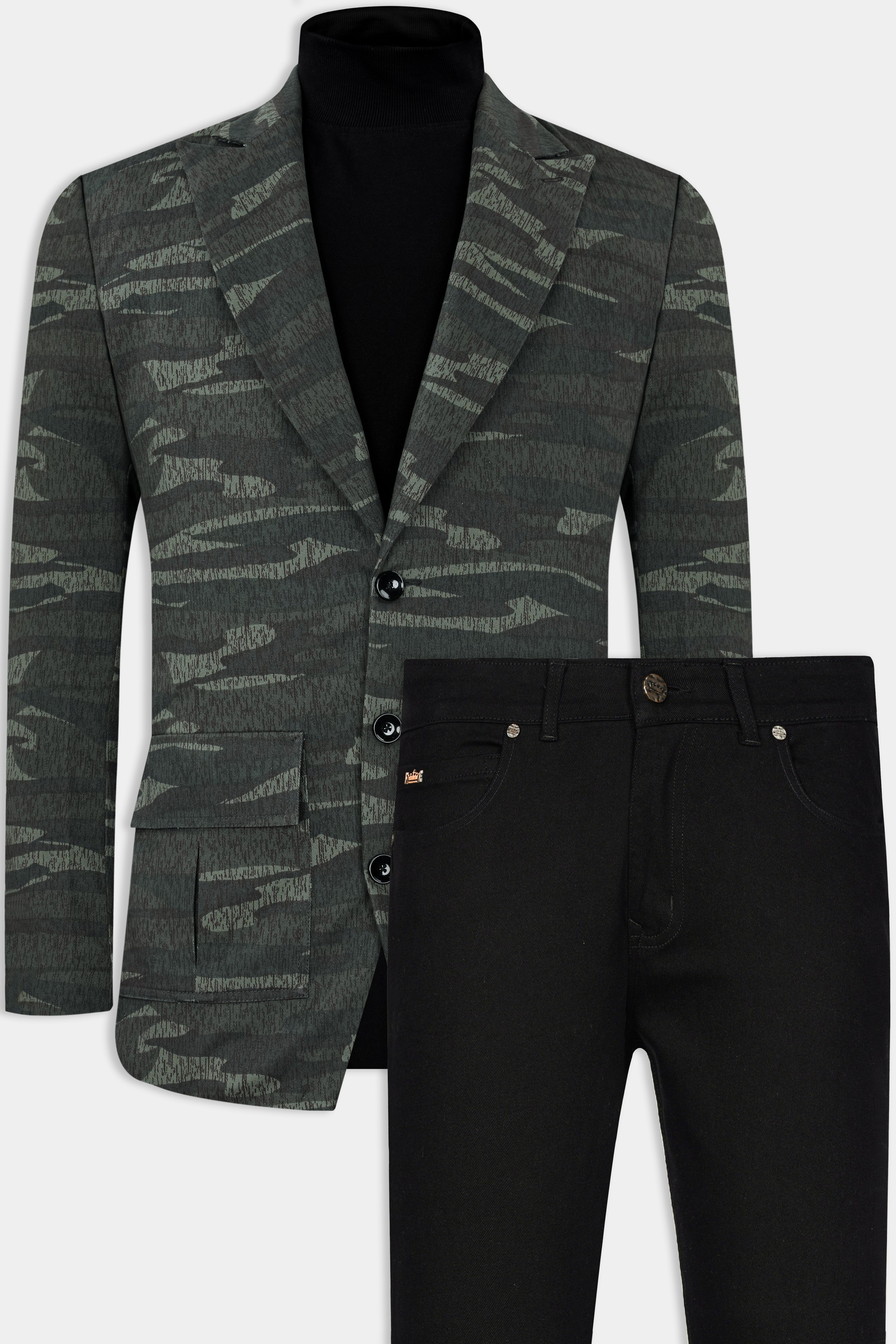 Xanadu Green and Davy Brown Camouflage Premium Cotton Designer Blazer With Jade Black Jeans