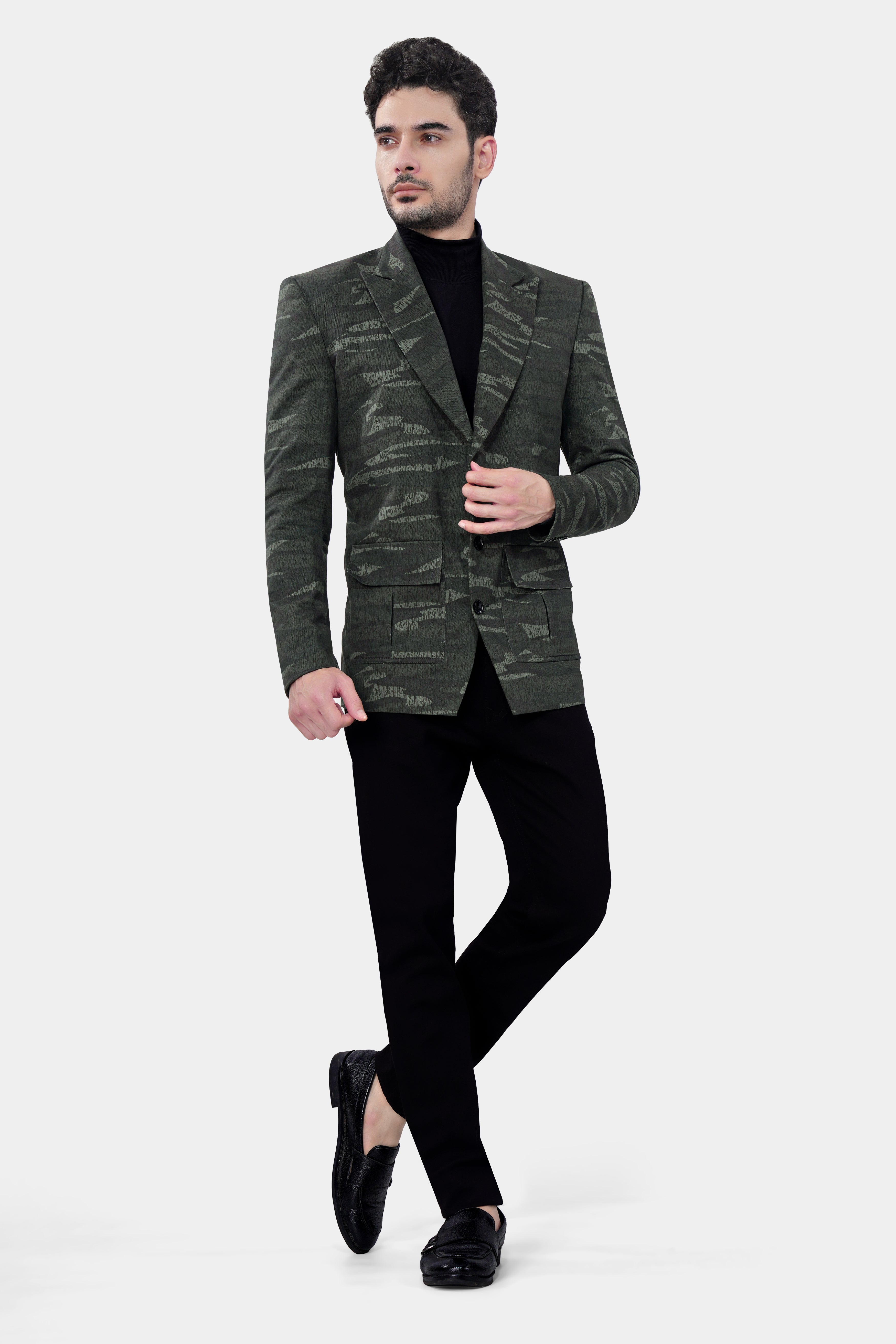 Xanadu Green and Davy Brown Camouflage Premium Cotton Designer Blazer With Jade Black Jeans