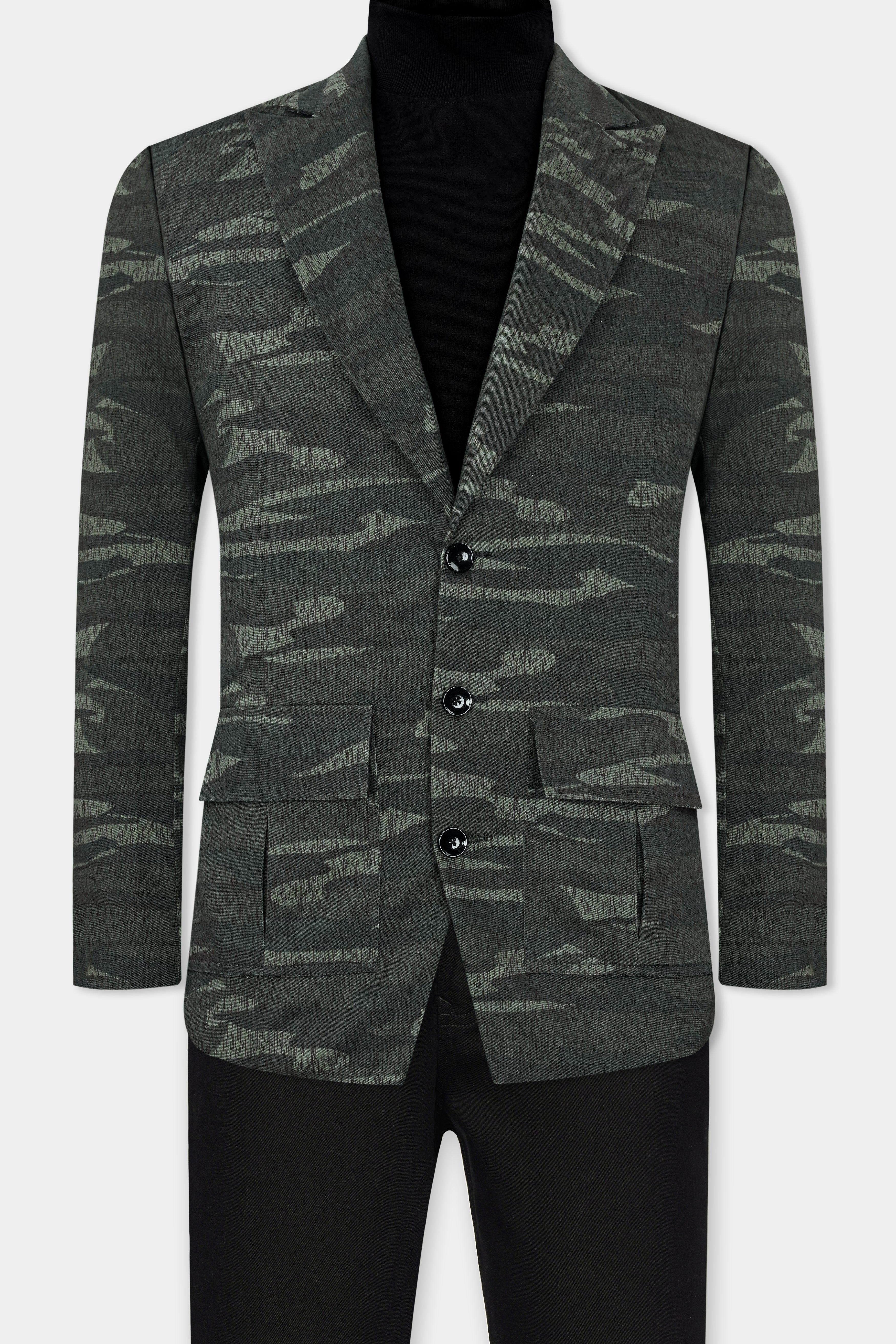 Xanadu Green and Davy Brown Camouflage Premium Cotton Designer Blazer With Jade Black Jeans