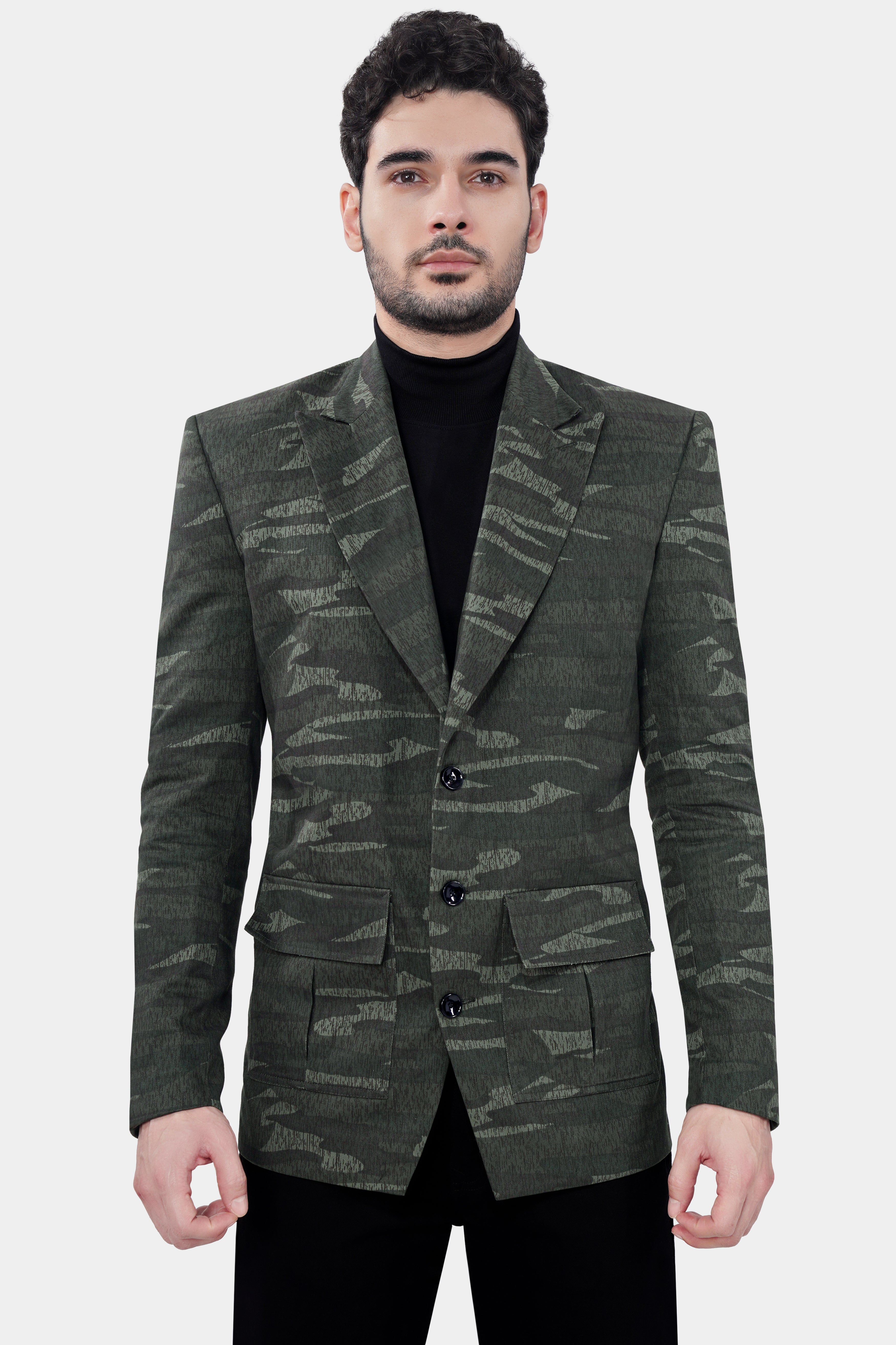 Xanadu Green and Davy Brown Camouflage Premium Cotton Designer Blazer With Jade Black Jeans