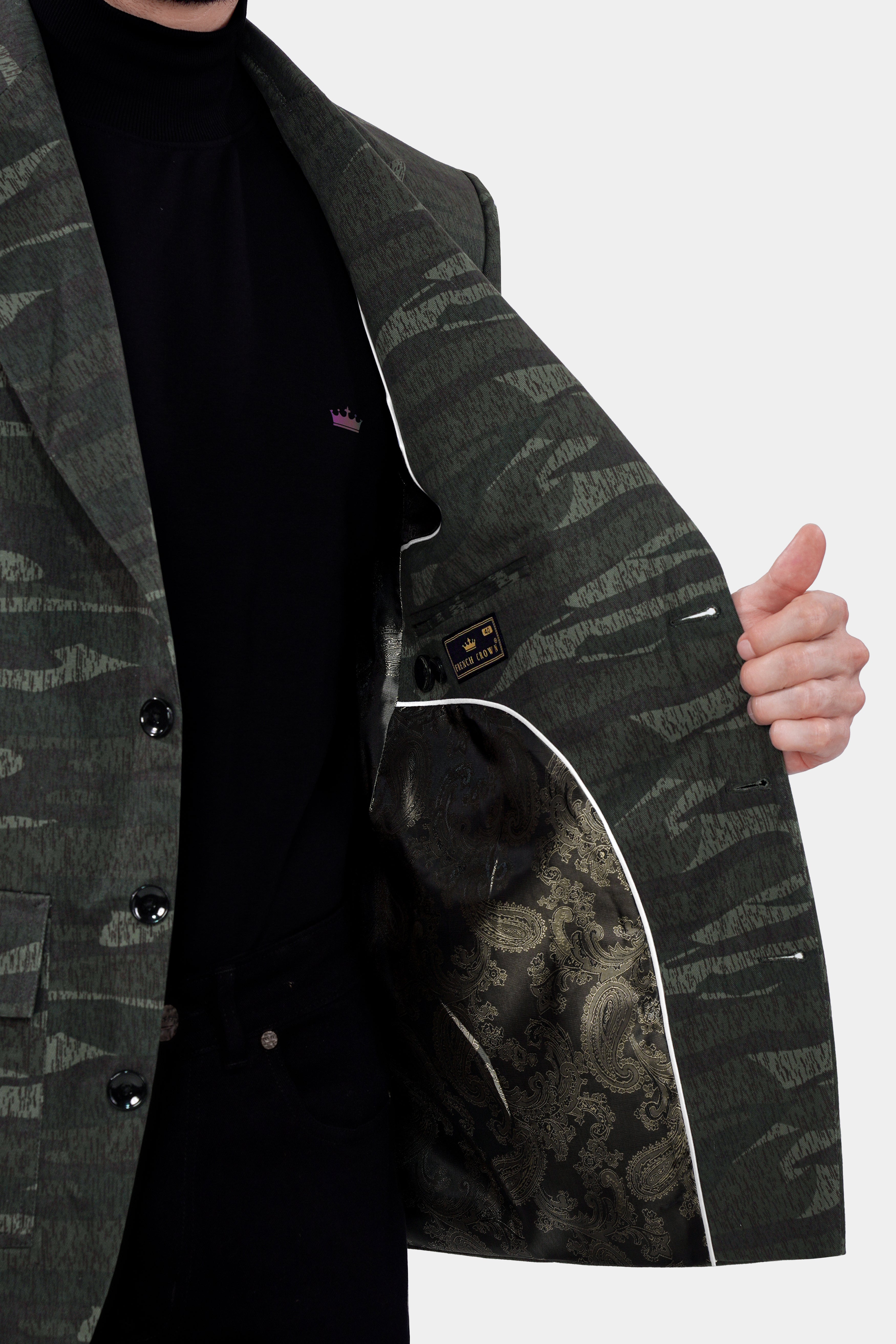 Xanadu Green and Davy Brown Camouflage Premium Cotton Designer Blazer With Jade Black Jeans