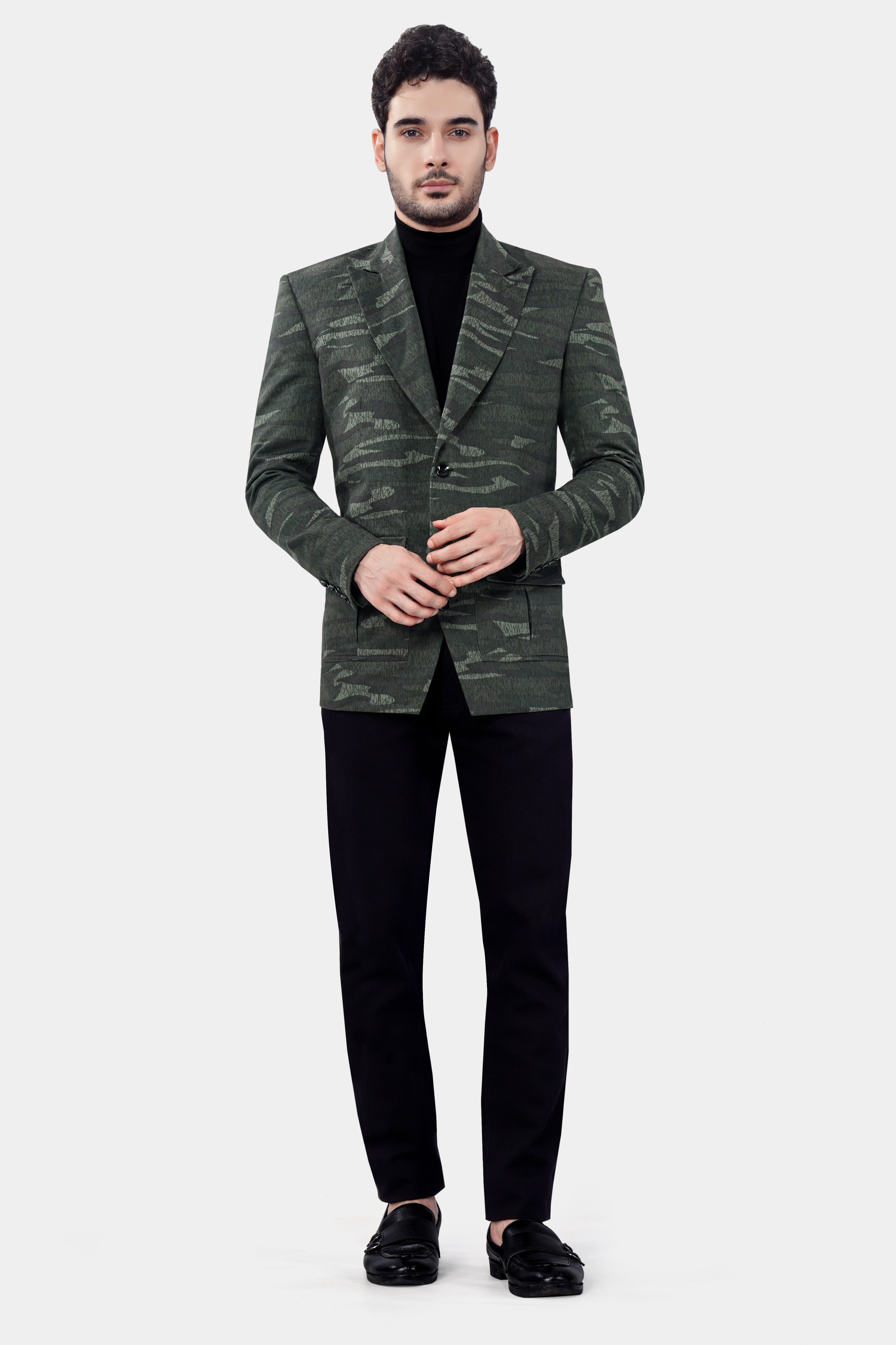 Xanadu Green and Davy Brown Camouflage Premium Cotton Designer Blazer With Jade Black Jeans