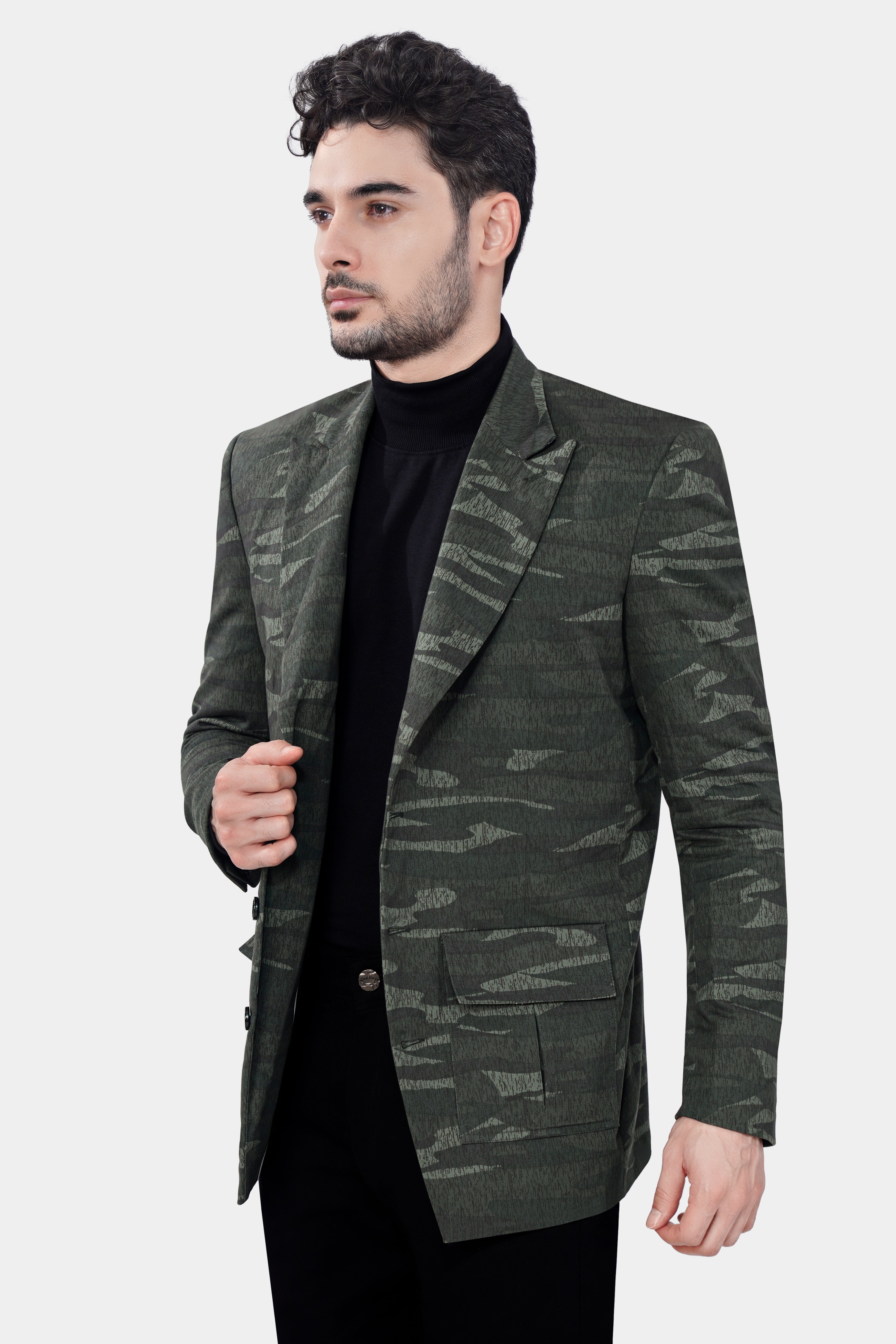 Xanadu Green and Davy Brown Camouflage Premium Cotton Designer Blazer With Jade Black Jeans