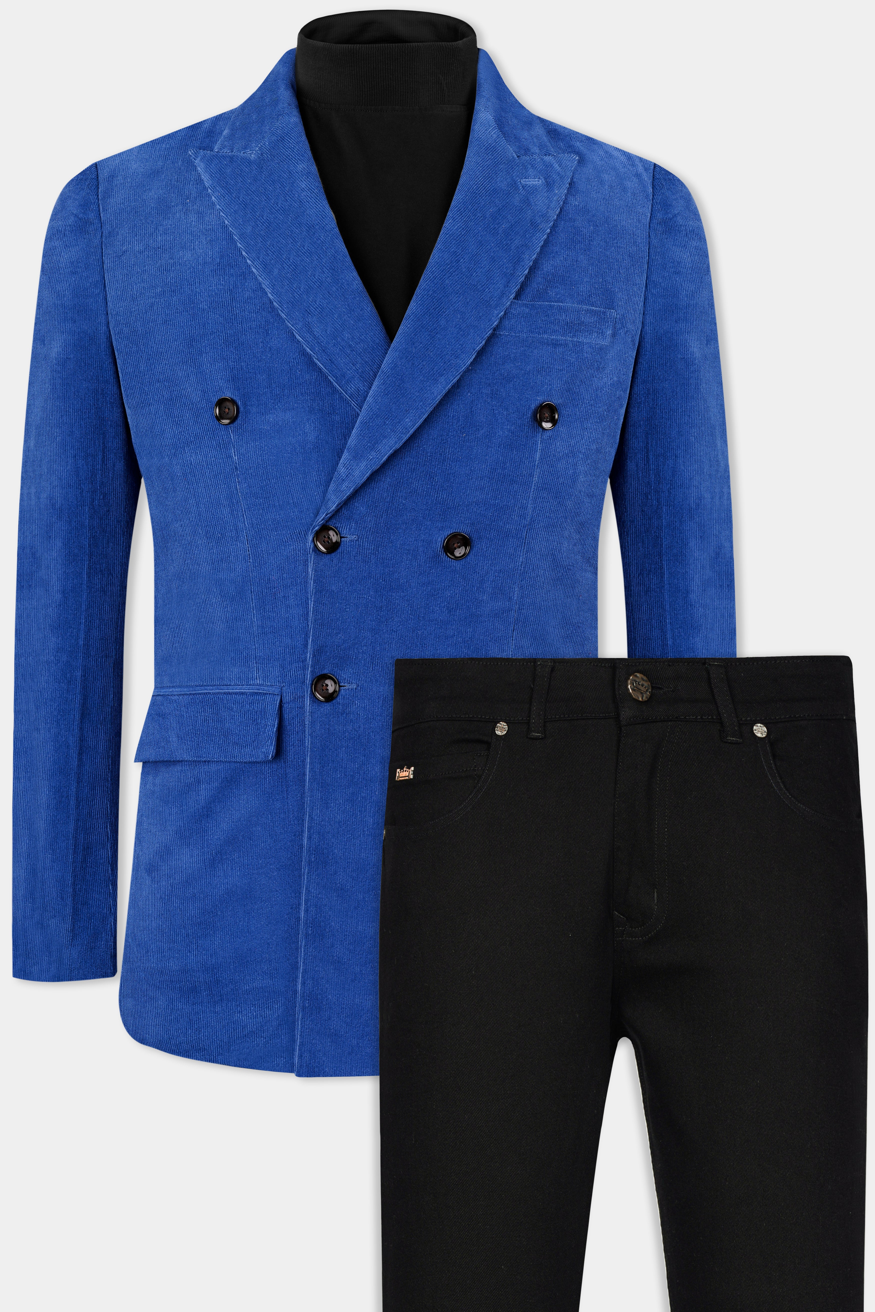 Cobalt Blue Double Breasted Corduroy Premium Cotton Blazer With Jade Black Jeans