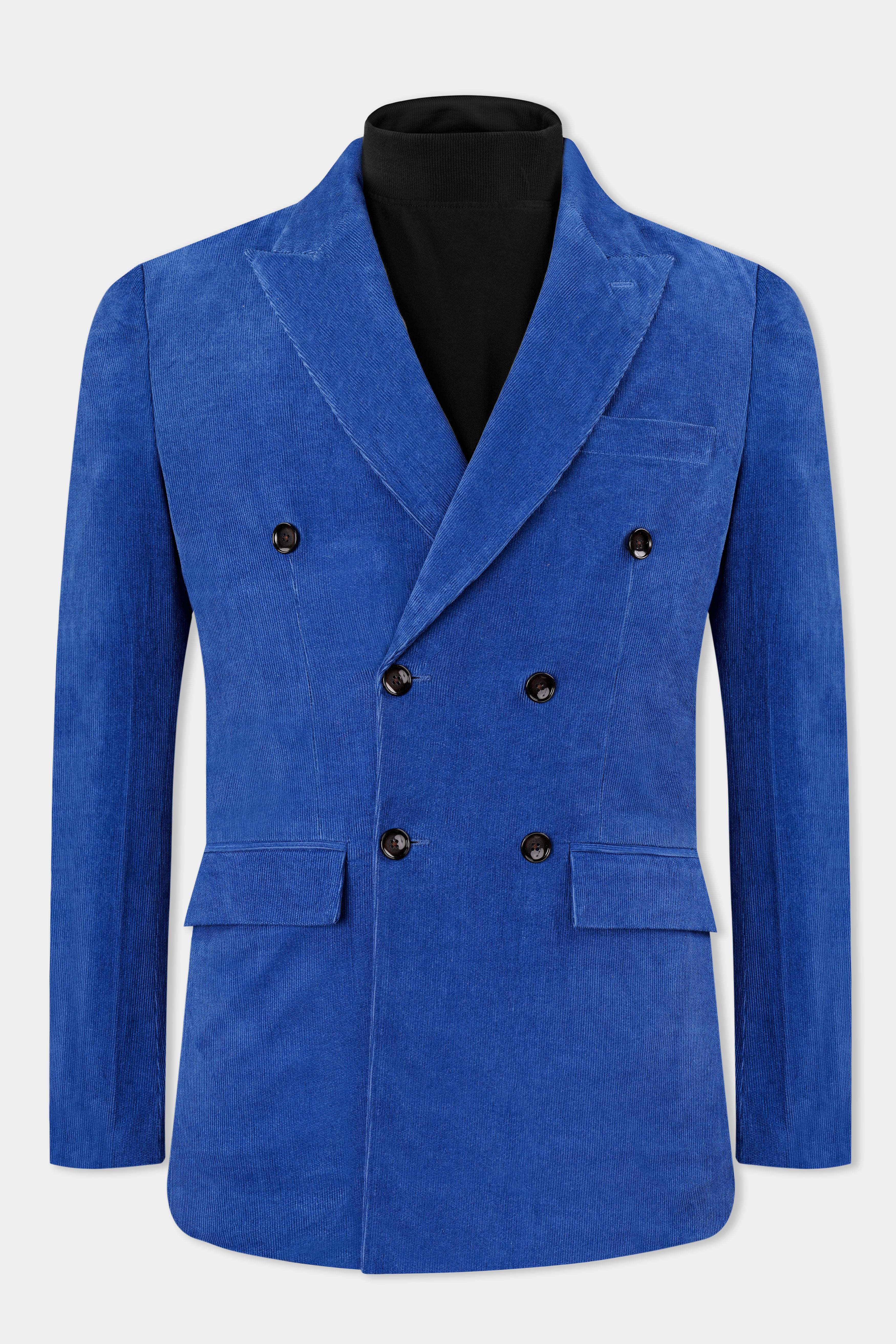 Cobalt Blue Double Breasted Corduroy Premium Cotton Blazer With Jade Black Jeans