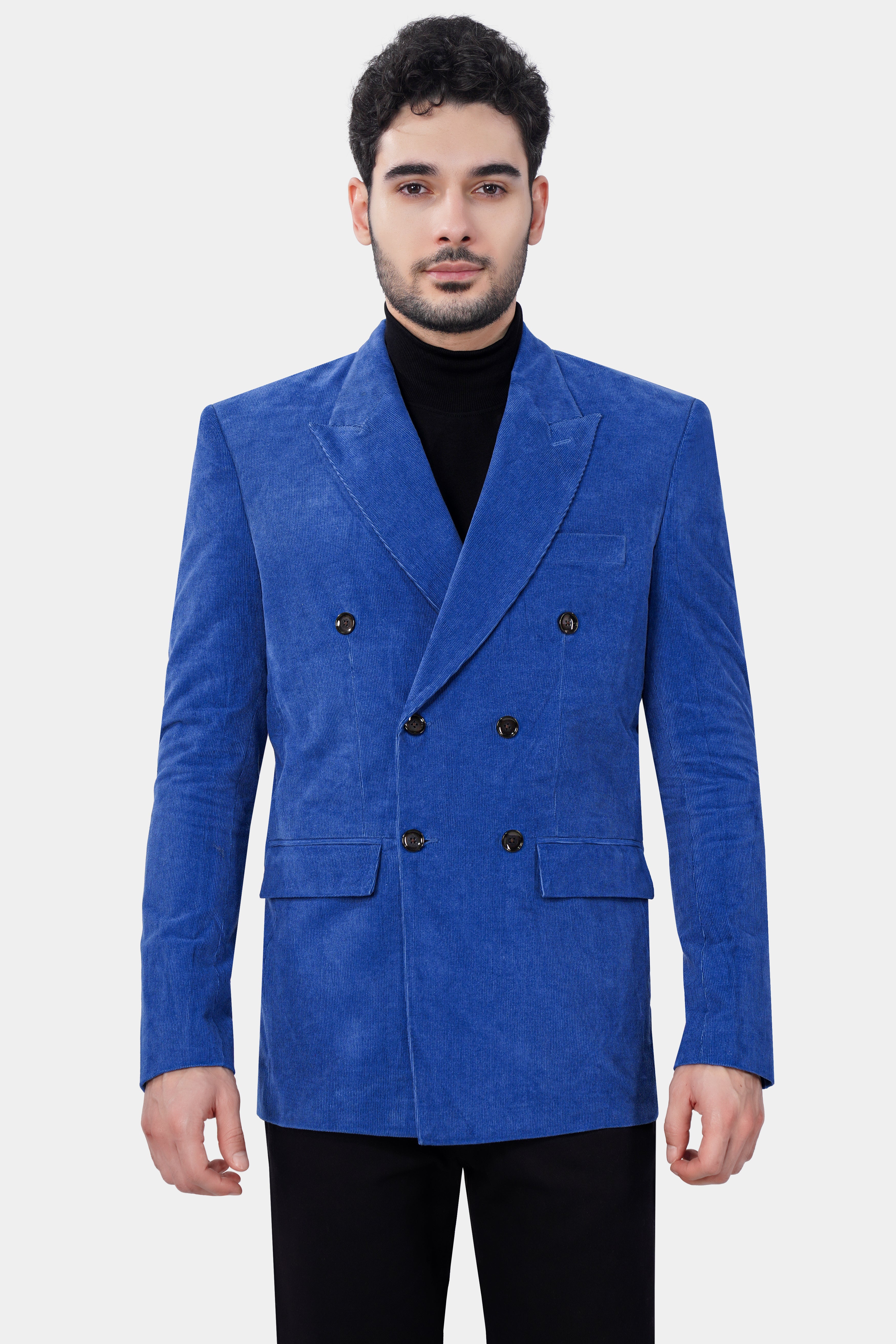 Cobalt Blue Double Breasted Corduroy Premium Cotton Blazer With Jade Black Jeans