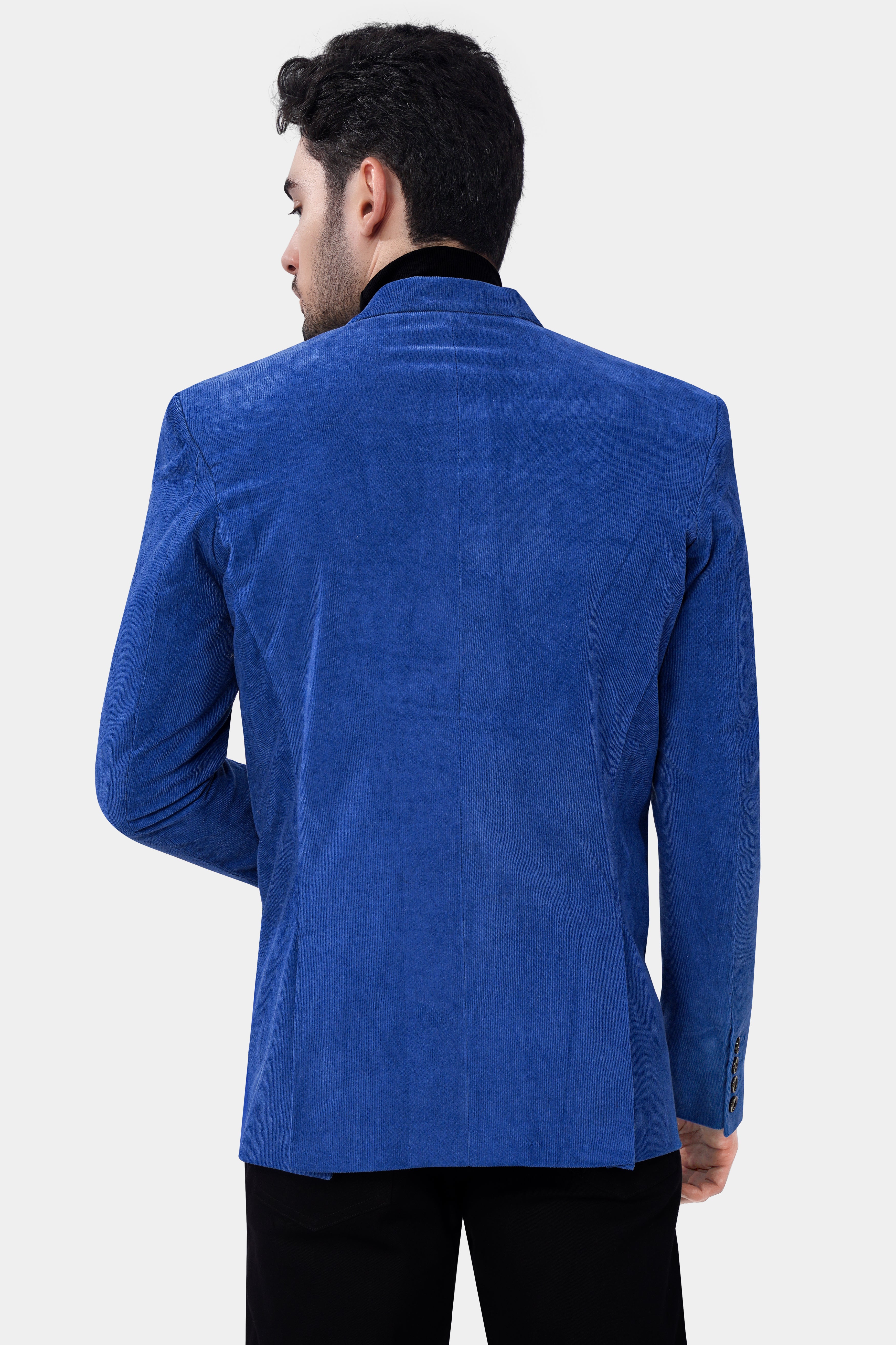 Cobalt Blue Double Breasted Corduroy Premium Cotton Blazer With Jade Black Jeans