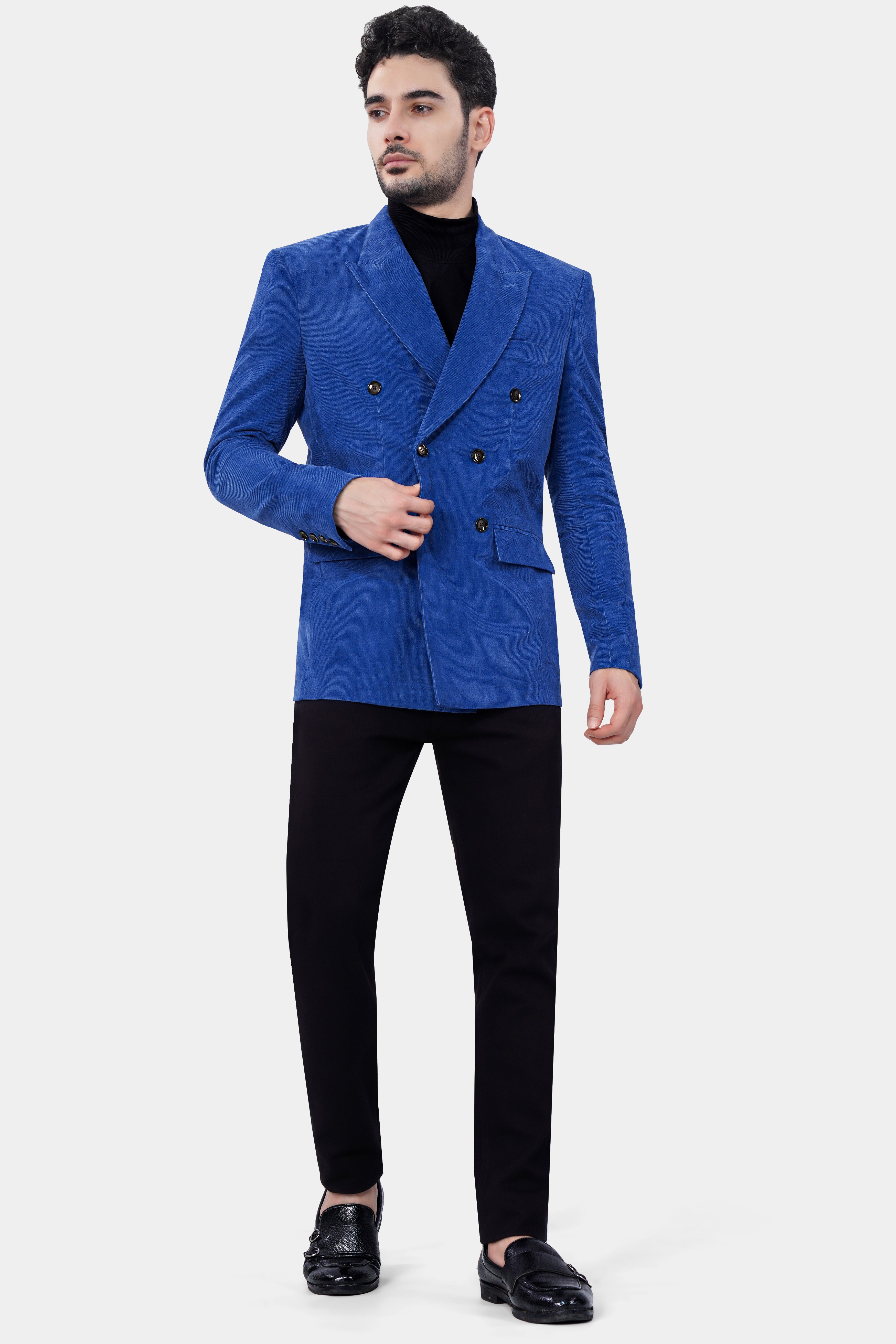 Cobalt Blue Double Breasted Corduroy Premium Cotton Blazer With Jade Black Jeans