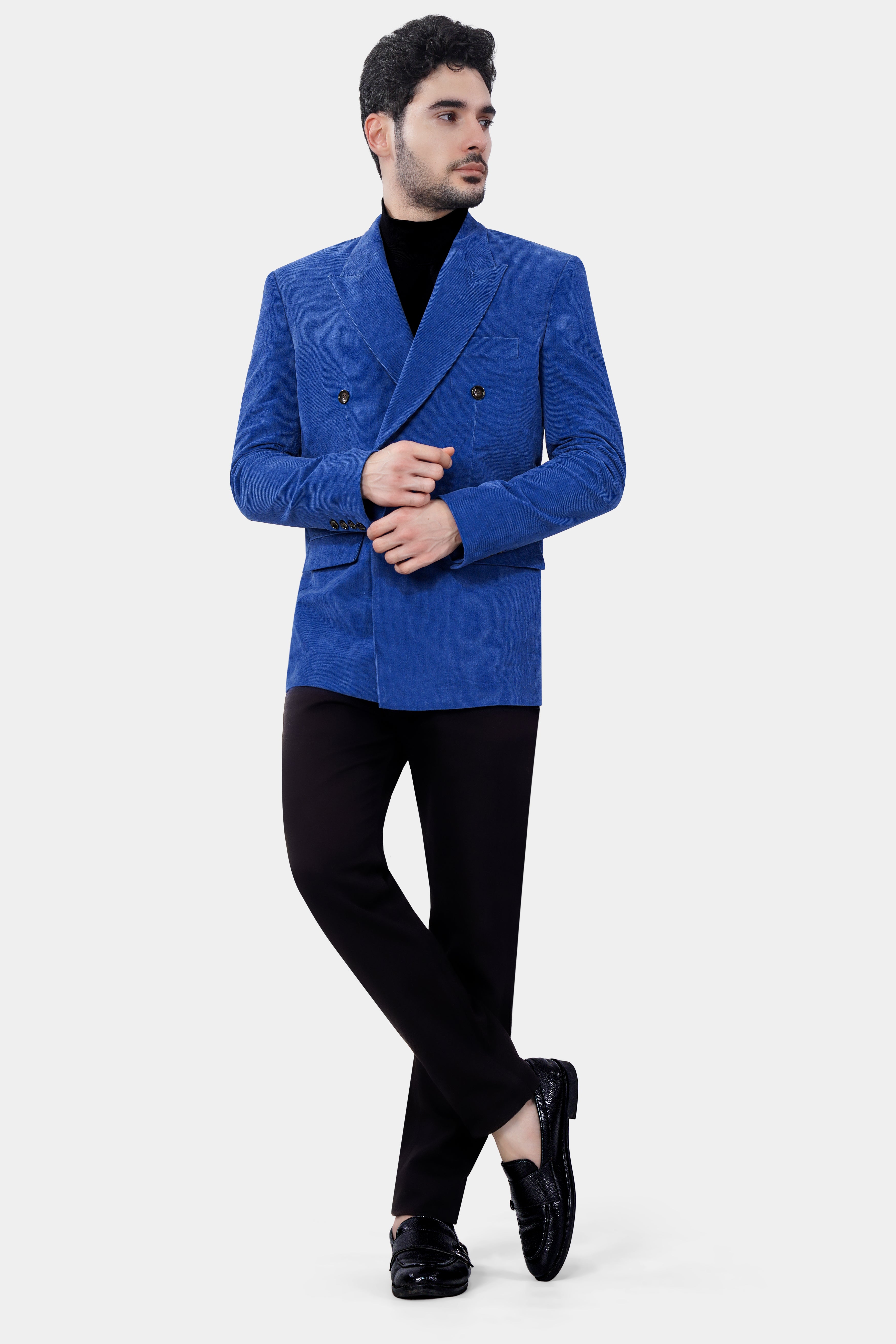 Cobalt Blue Double Breasted Corduroy Premium Cotton Blazer With Jade Black Jeans