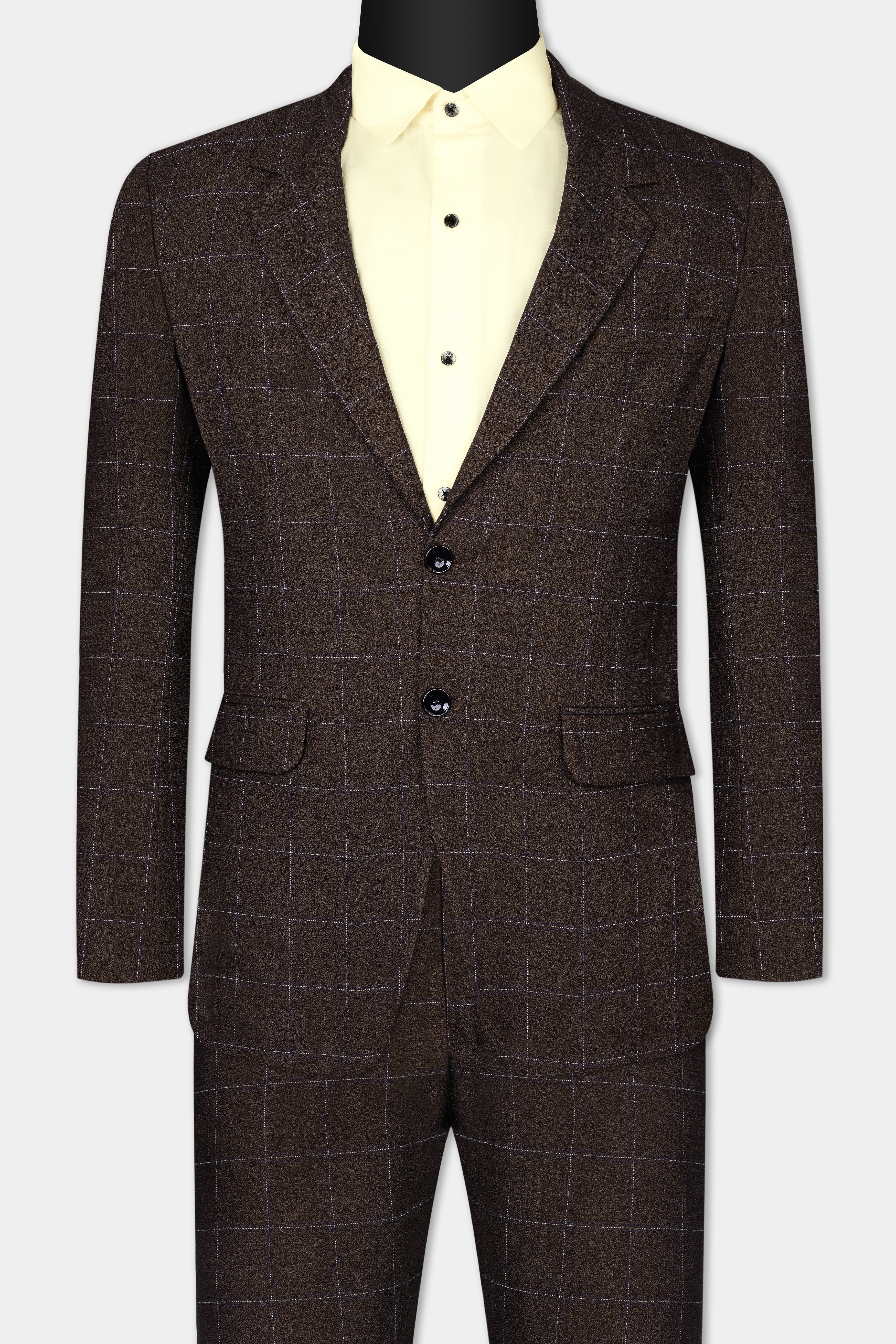 Chicory Brown Checks-Plaid Premium Wool-Blend Single Breasted