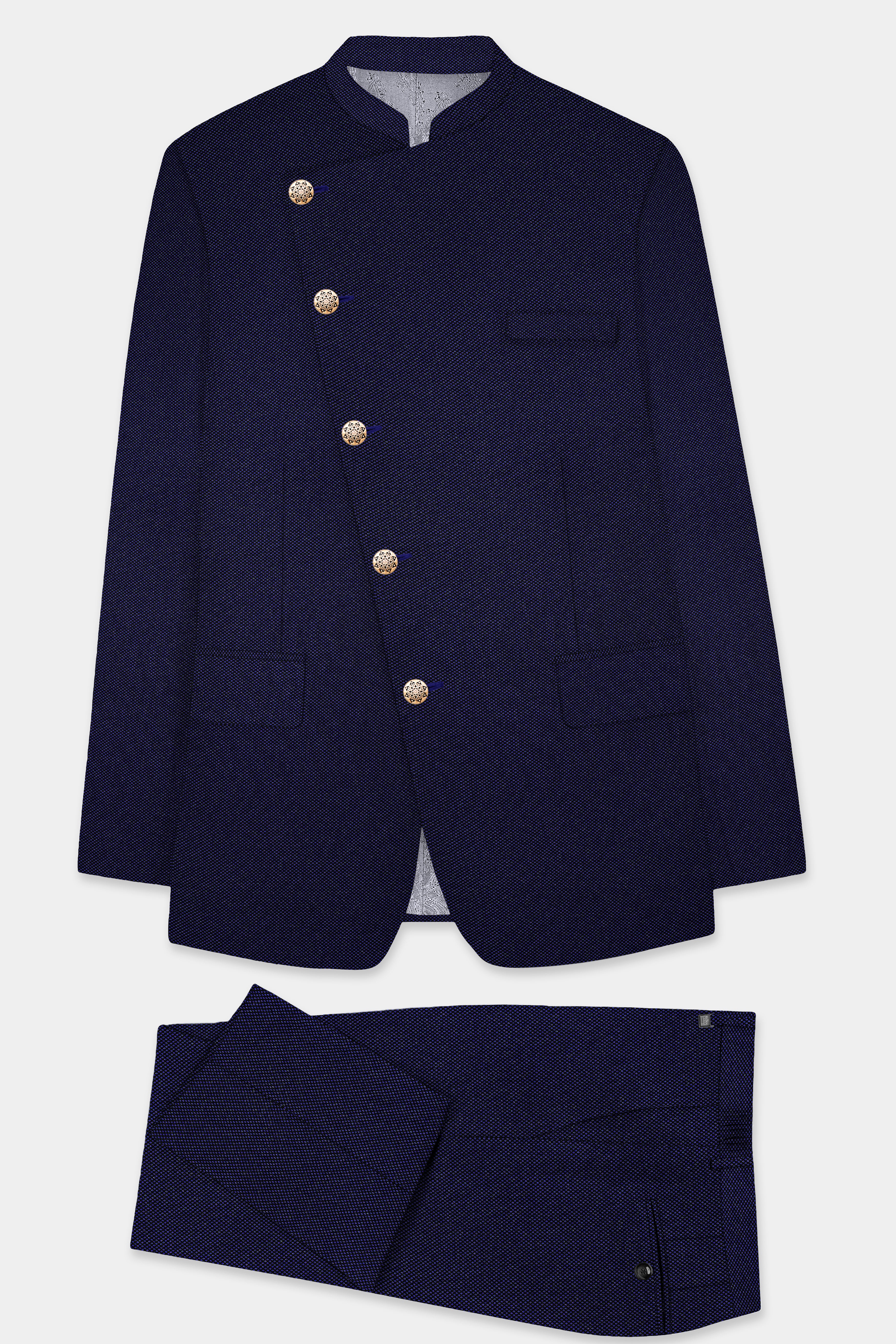 Deep Cove Blue Wool Rich Cross Placket Bandhgala Suit