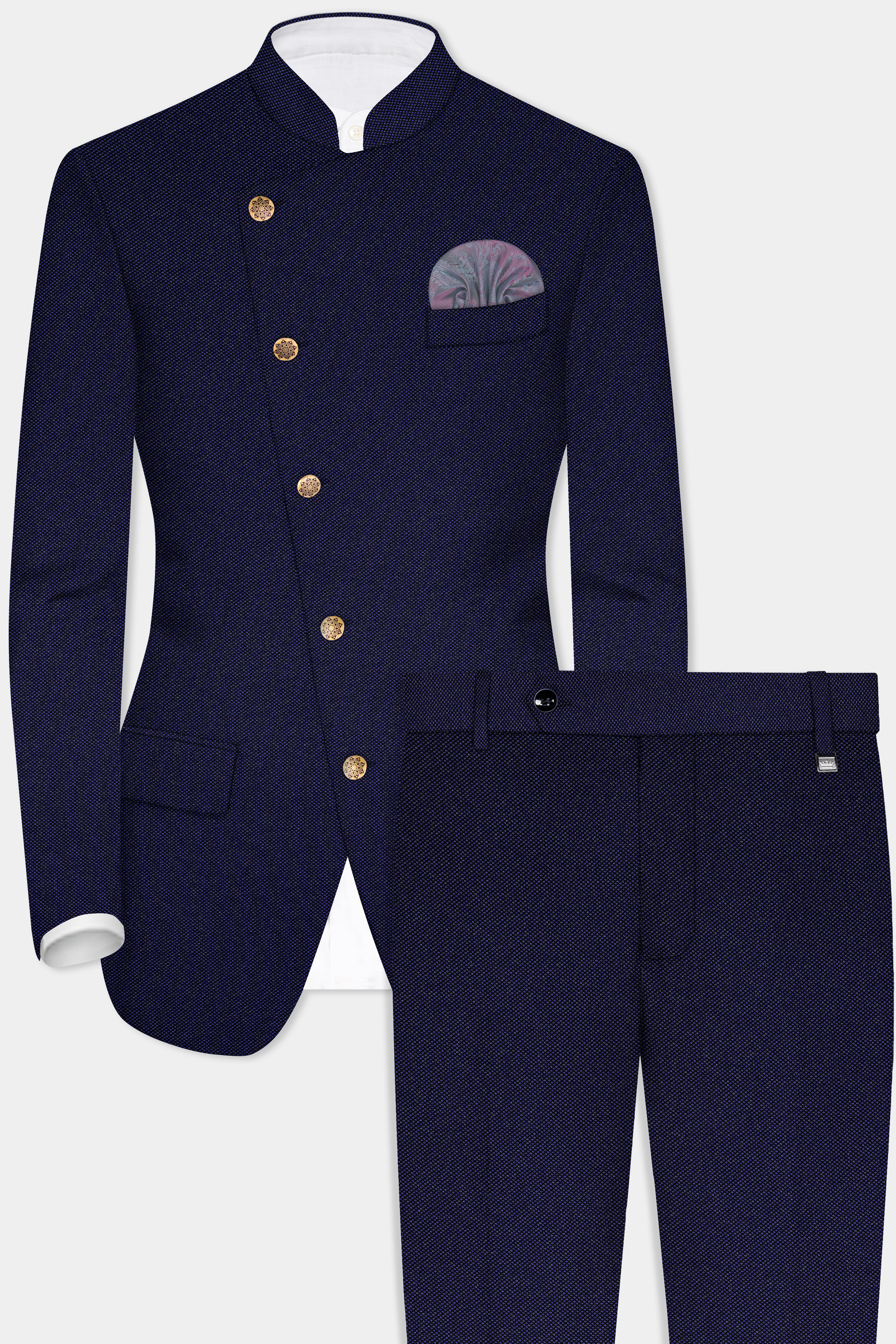 Deep Cove Blue Wool Rich Cross Placket Bandhgala Suit