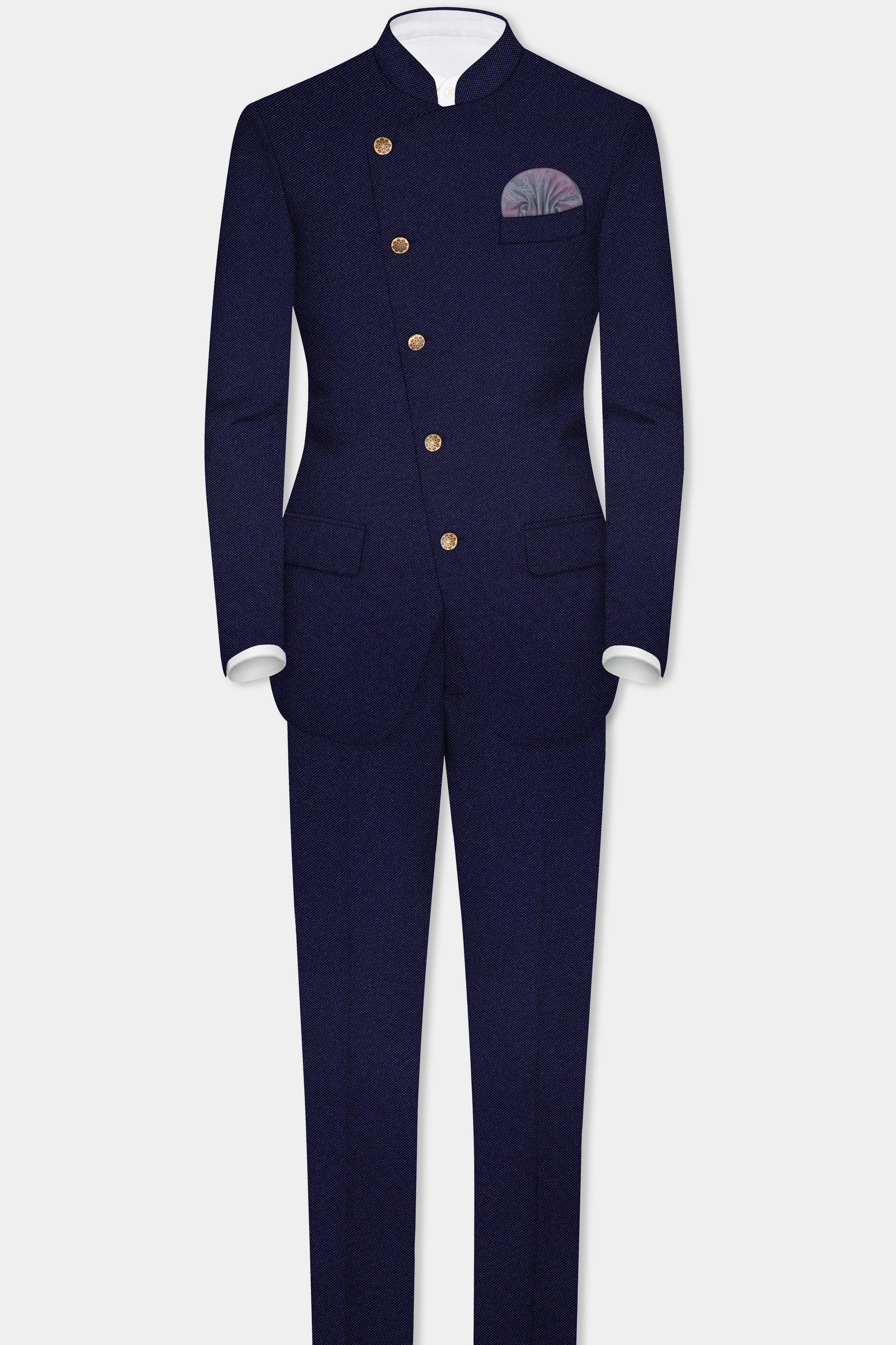 Deep Cove Blue Wool Rich Cross Placket Bandhgala Suit