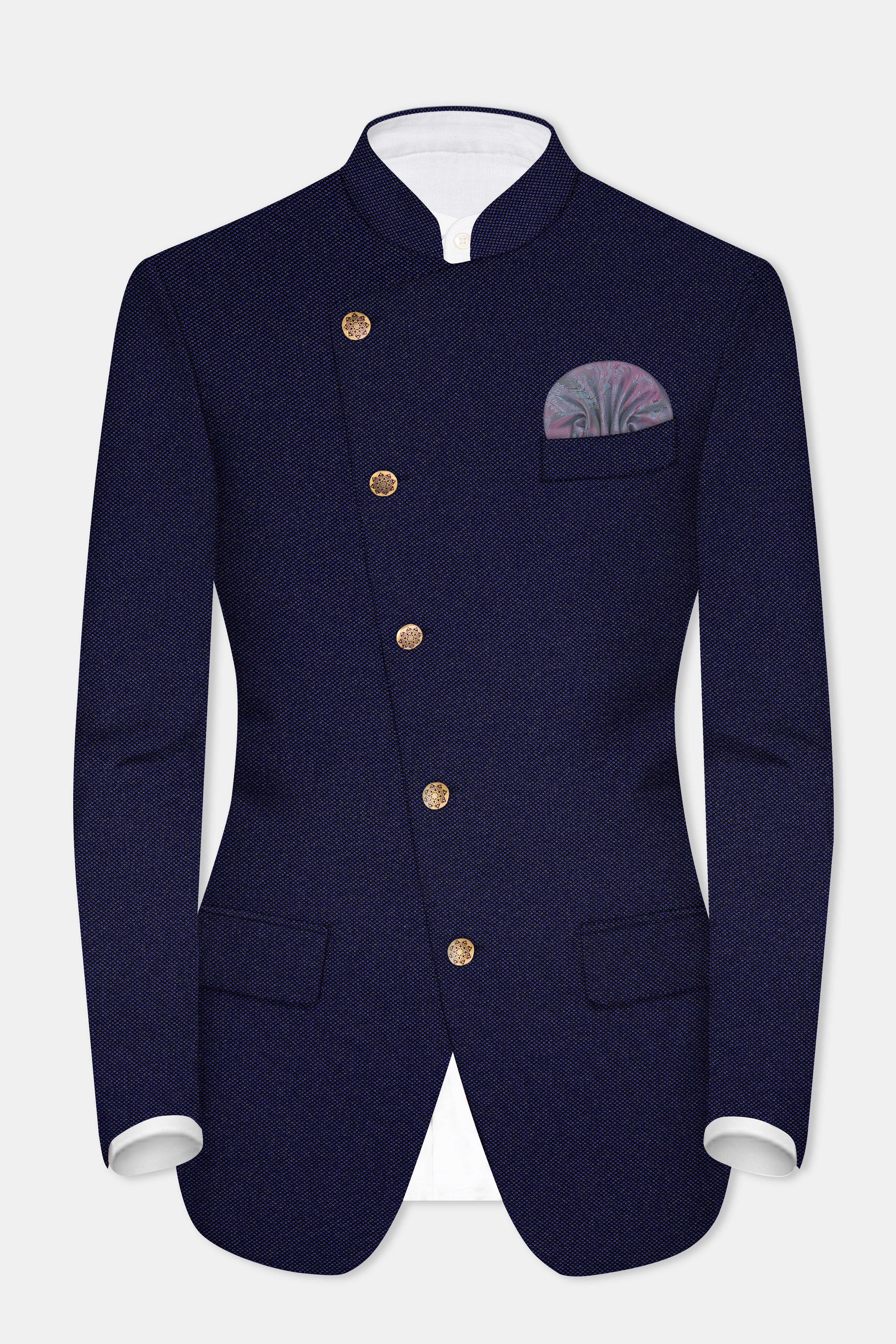 Deep Cove Blue Wool Rich Cross Placket Bandhgala Suit