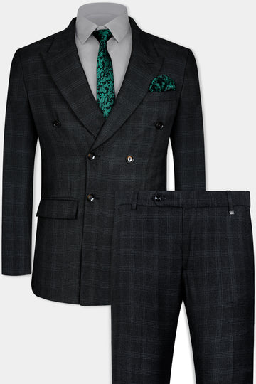 Onyx Black Subtle Checkered Wool Rich Double Breasted Suit