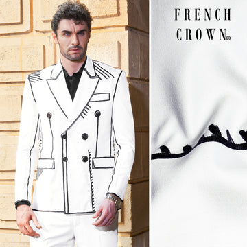 Bright White with Black Hand Painted Wool Rich Designer Suit