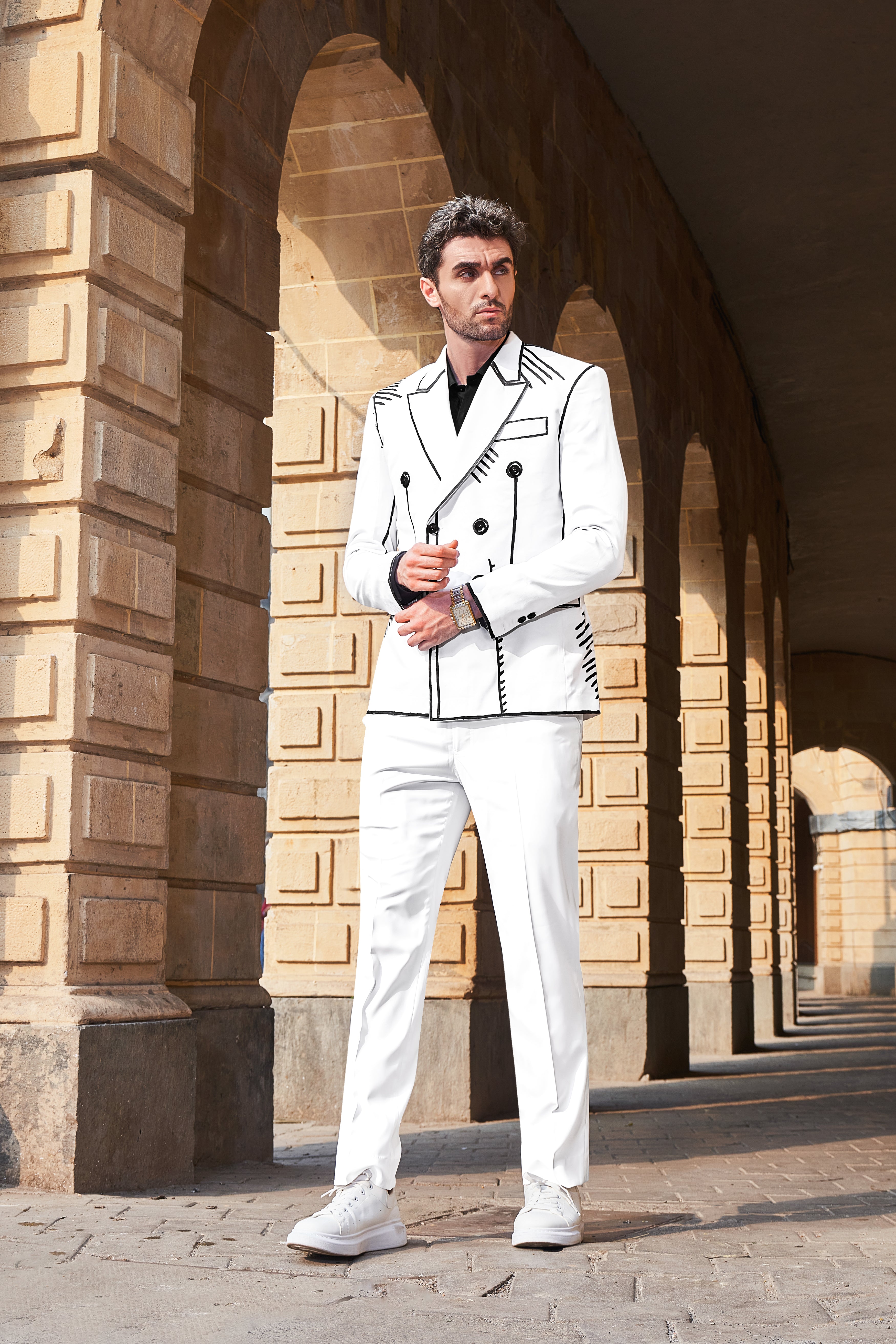 Bright White with Black Hand Painted Designer Suit