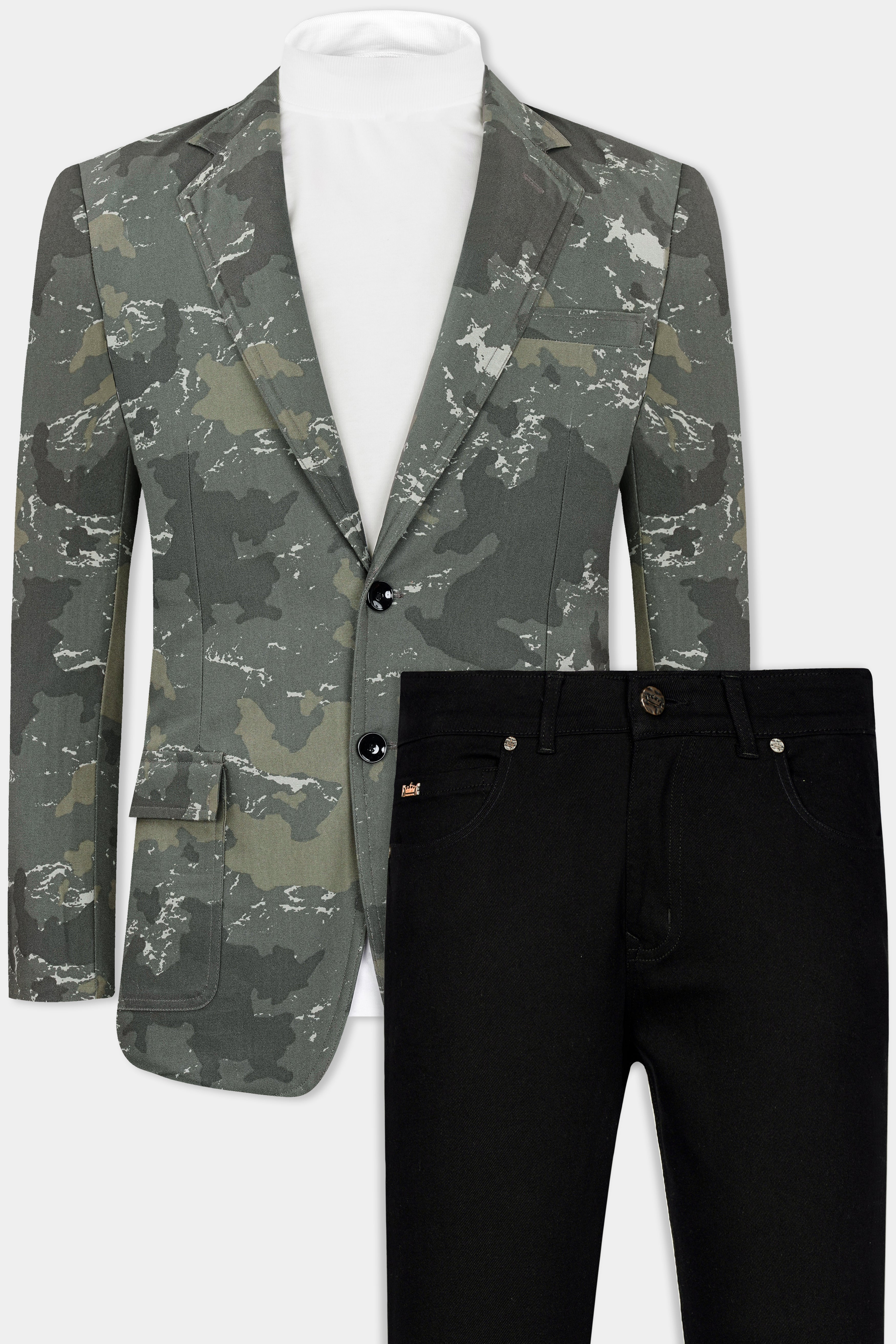 Flint Green with Fuscous Green Camouflage Premium Cotton Blazer With Jade Black Jeans