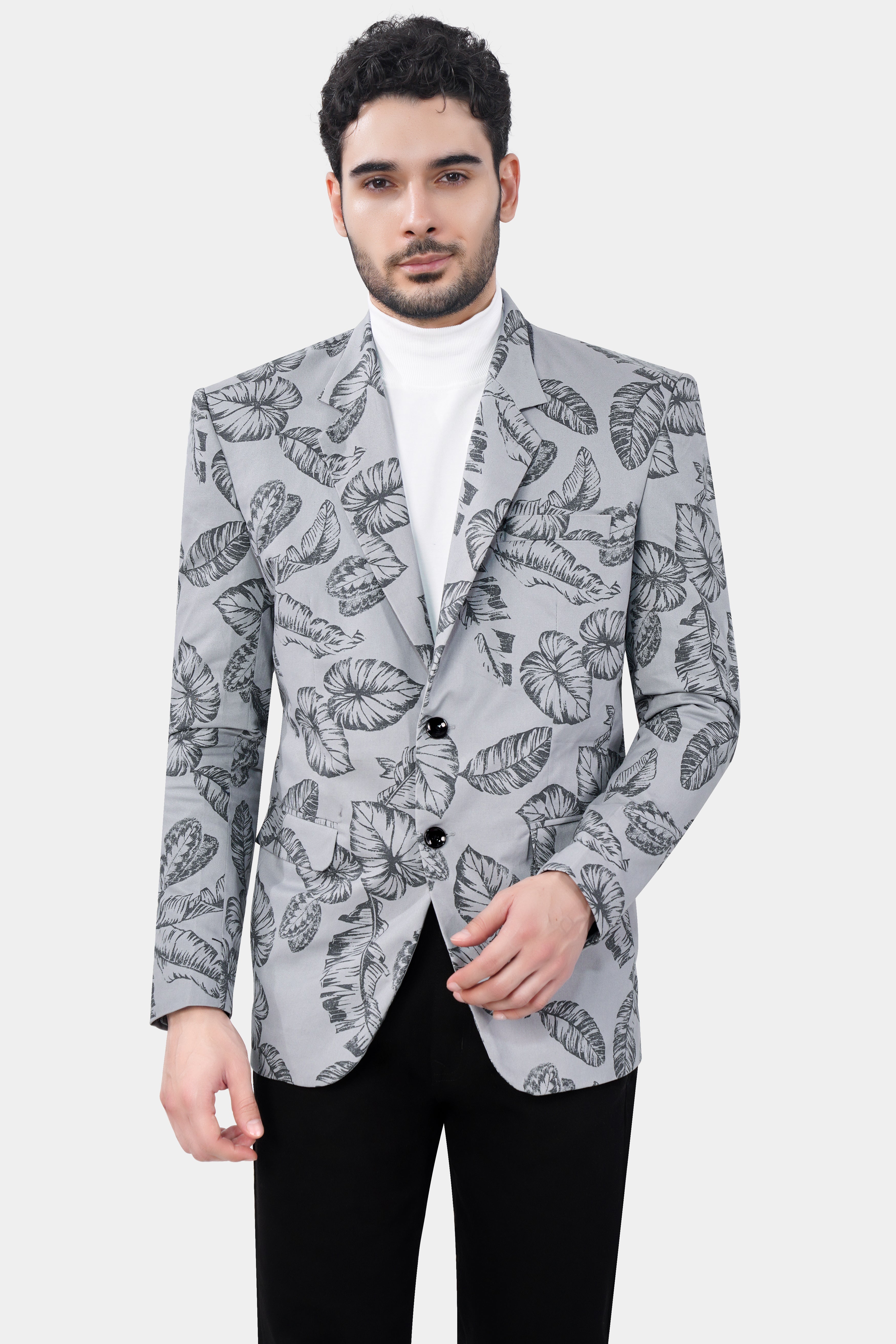 Gainsboro and Comet Gray Leaves Printed Premium Cotton Blazer With Jade Black Jeans