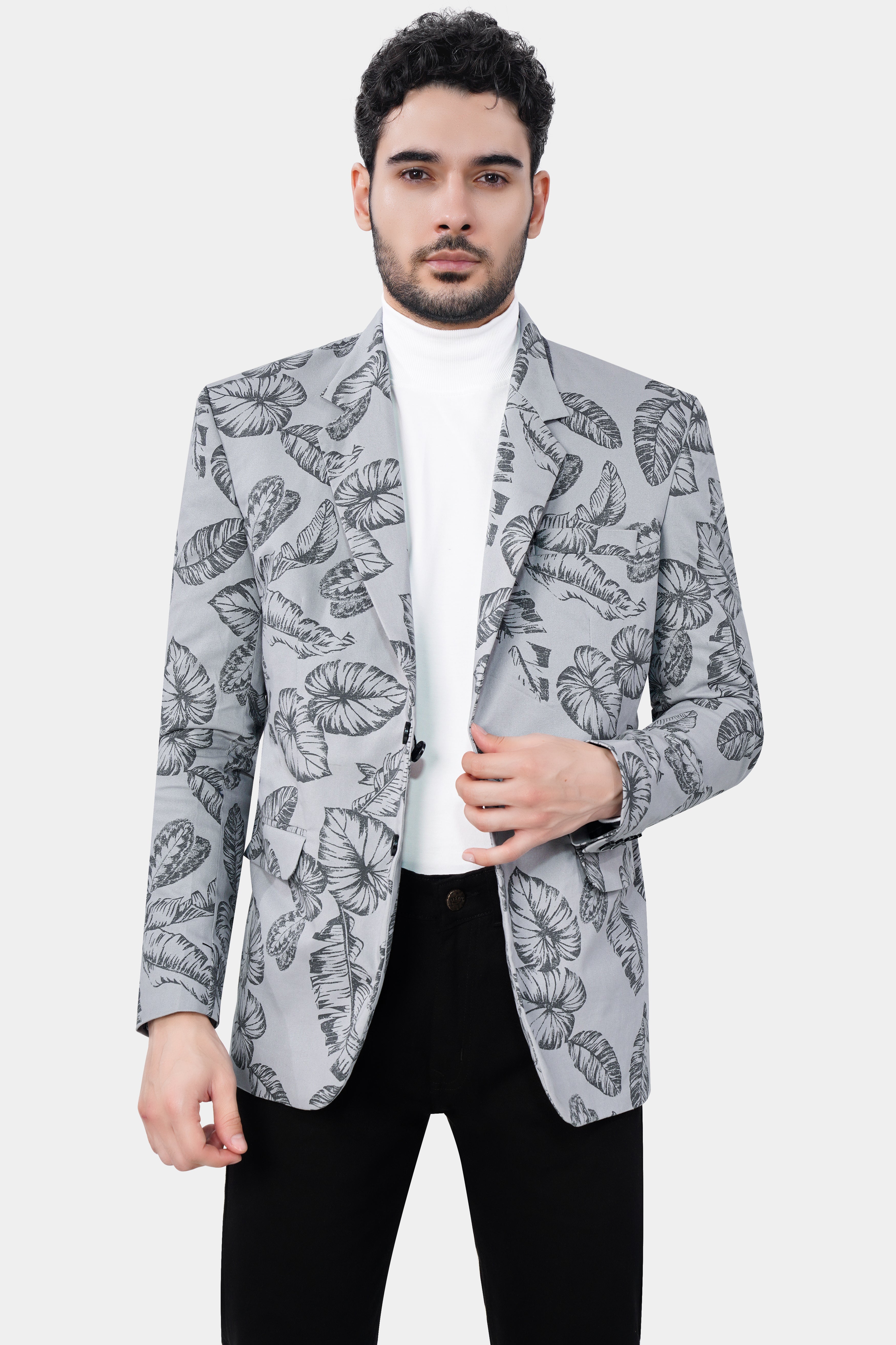 Gainsboro and Comet Gray Leaves Printed Premium Cotton Blazer With Jade Black Jeans