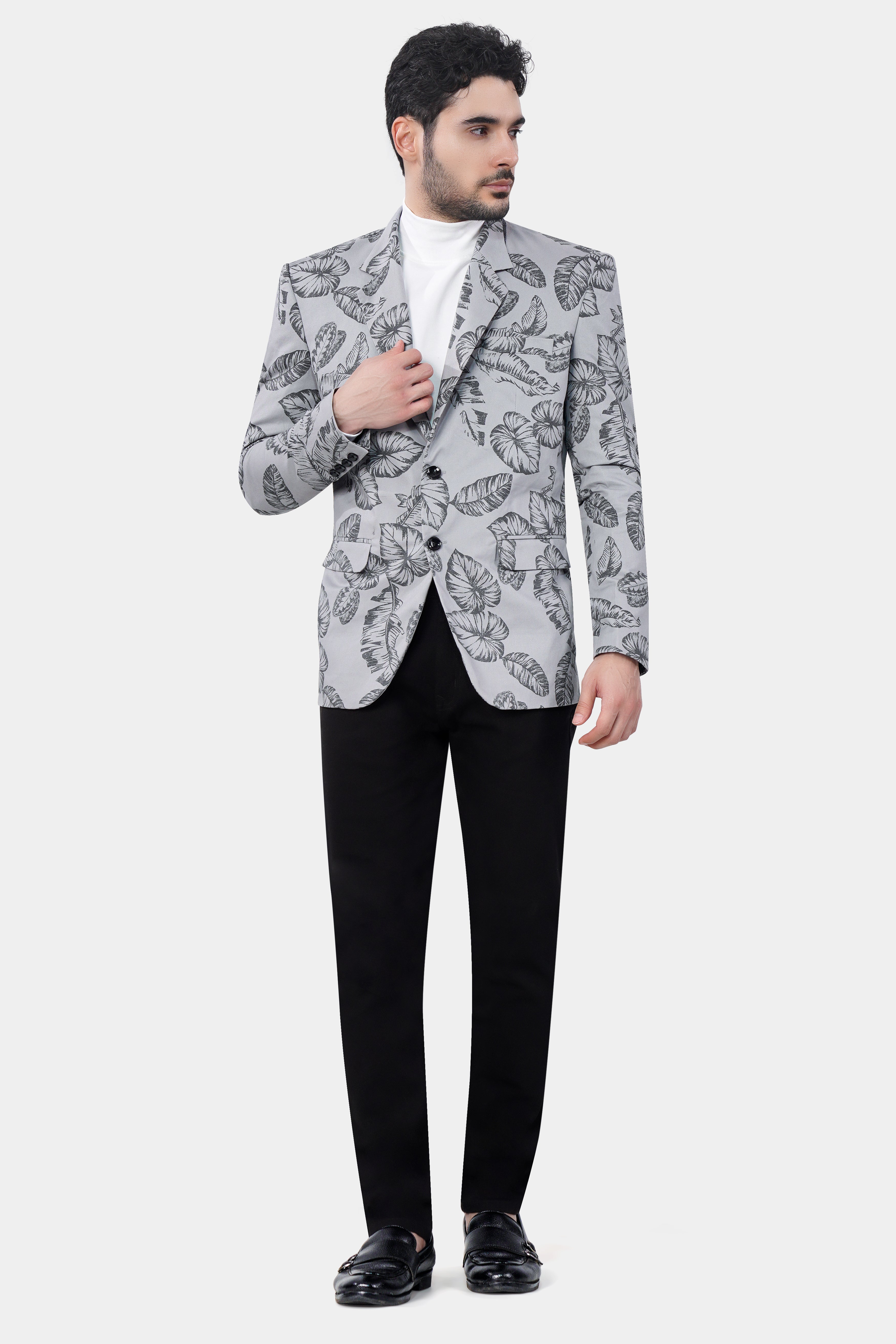 Gainsboro and Comet Gray Leaves Printed Premium Cotton Blazer With Jade Black Jeans