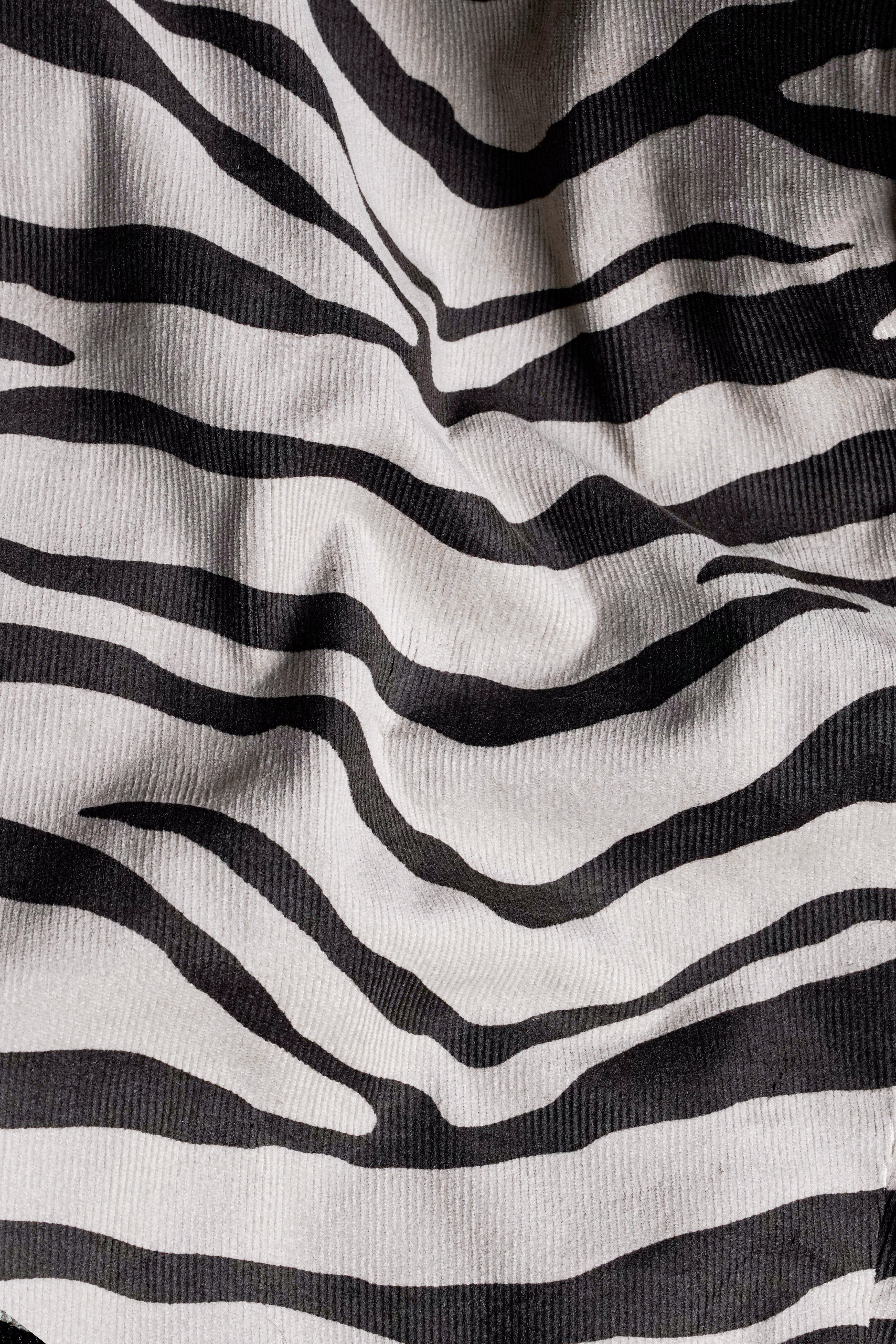 Bon Jour Cream and Tundora Gray Zebra Stripes Printed Corduroy Premium Cotton Blazer With Jade Black Jeans