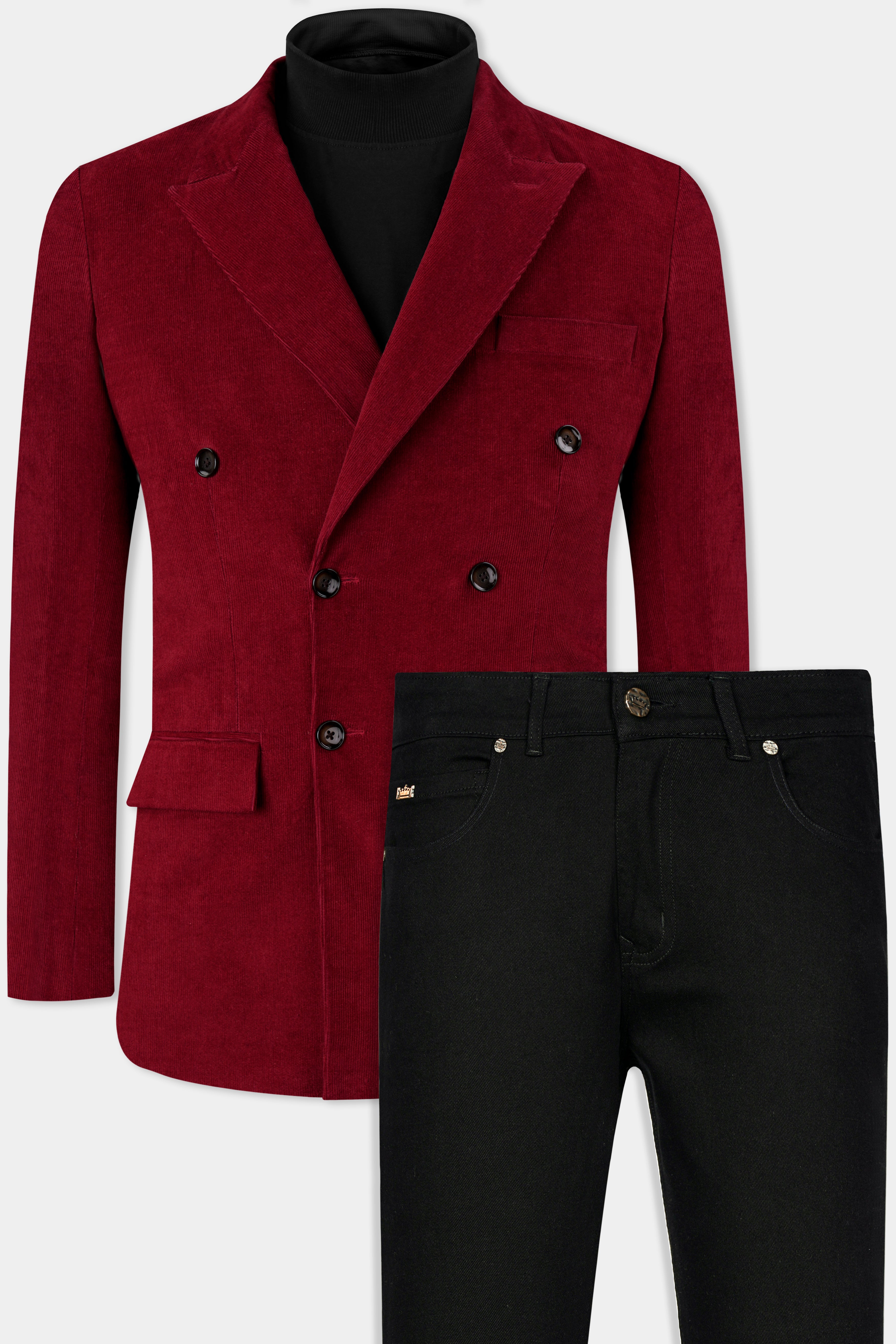 Heath Red Double Breasted Corduroy Premium Cotton Blazer With Jade Black Jeans