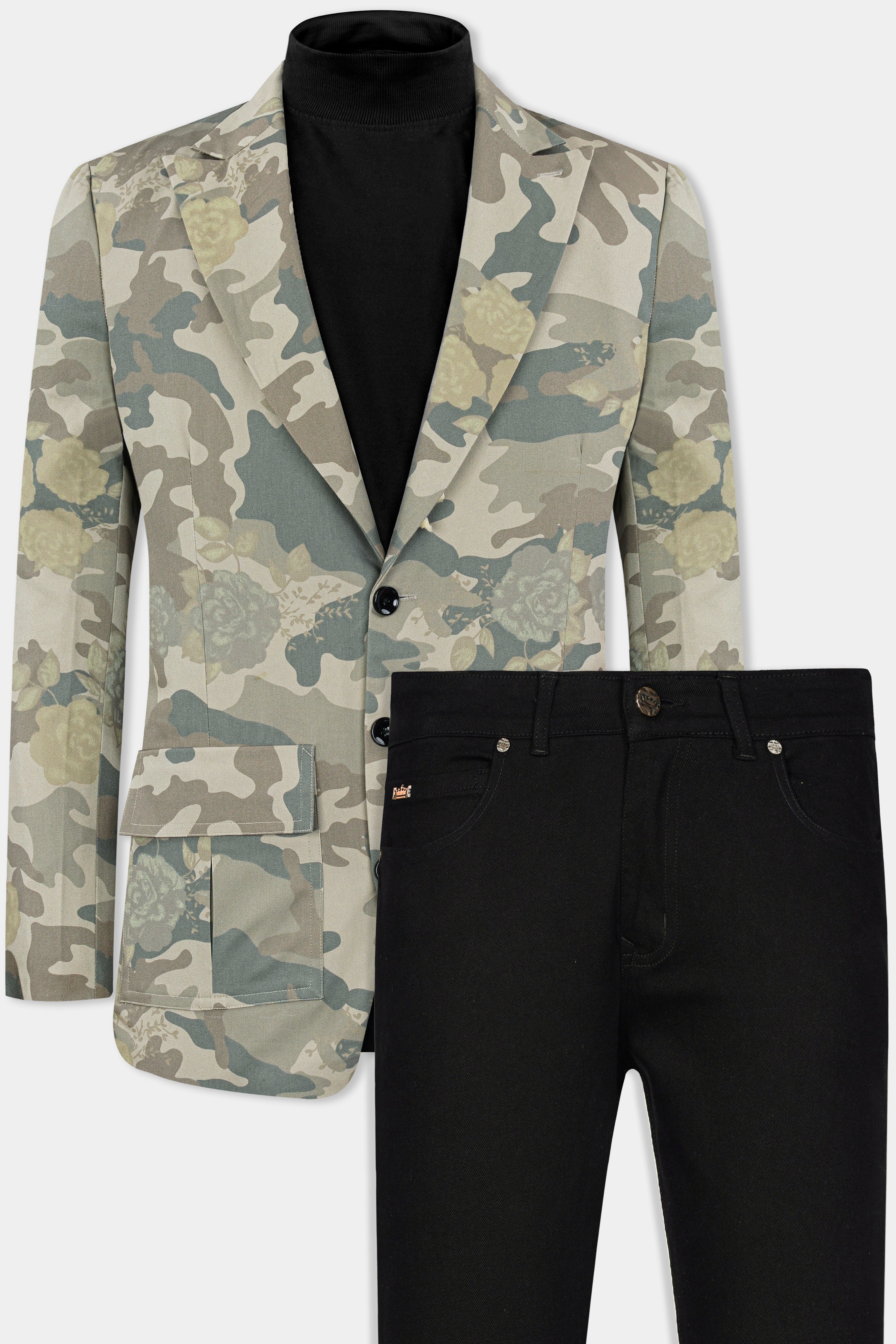 Ivory Green and Arrowtone Brown Camouflage Premium Cotton Designer Blazer With Jade Black Jeans