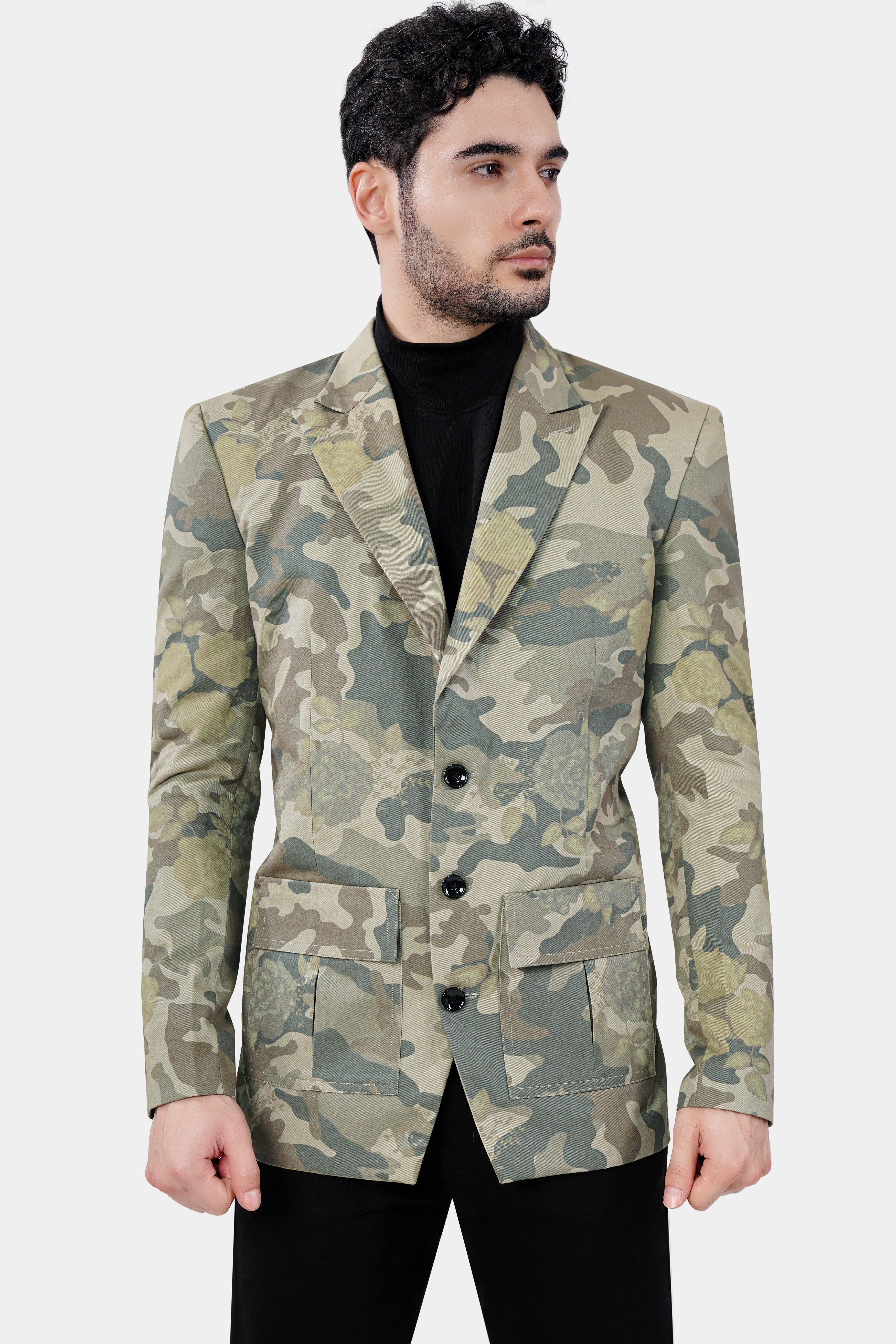Ivory Green and Arrowtone Brown Camouflage Premium Cotton Designer Blazer With Jade Black Jeans