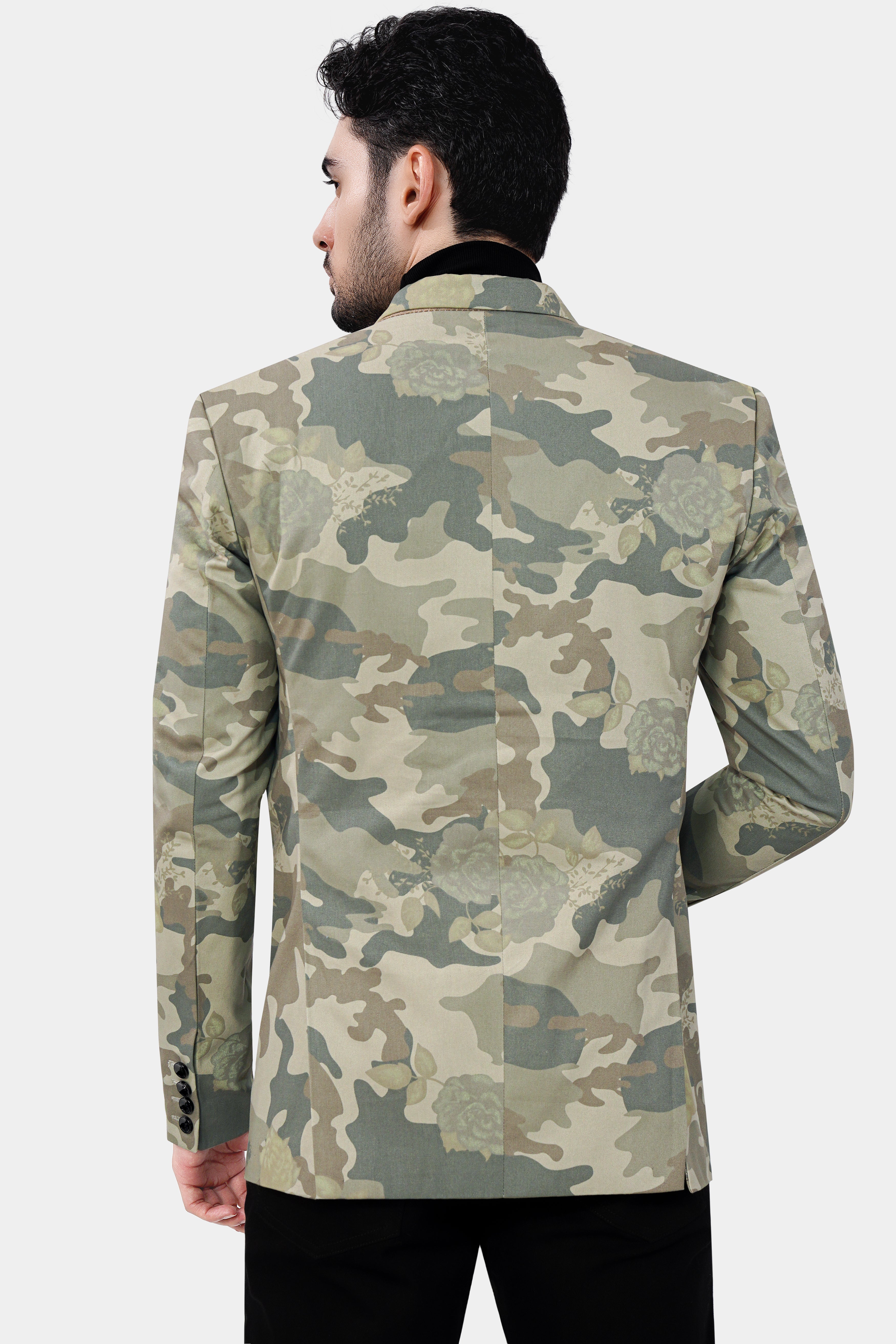 Ivory Green and Arrowtone Brown Camouflage Premium Cotton Designer Blazer With Jade Black Jeans