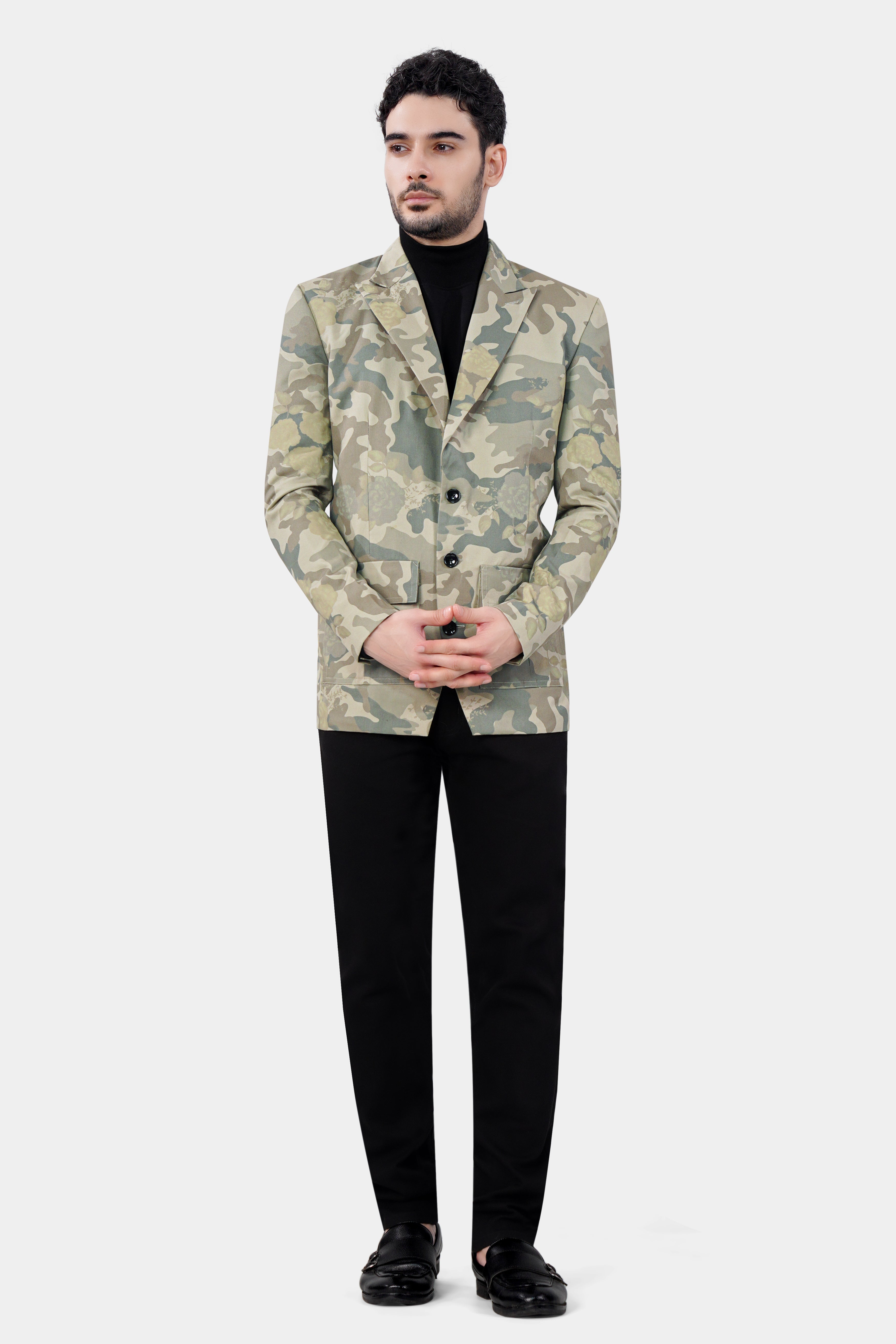 Ivory Green and Arrowtone Brown Camouflage Premium Cotton Designer Blazer With Jade Black Jeans