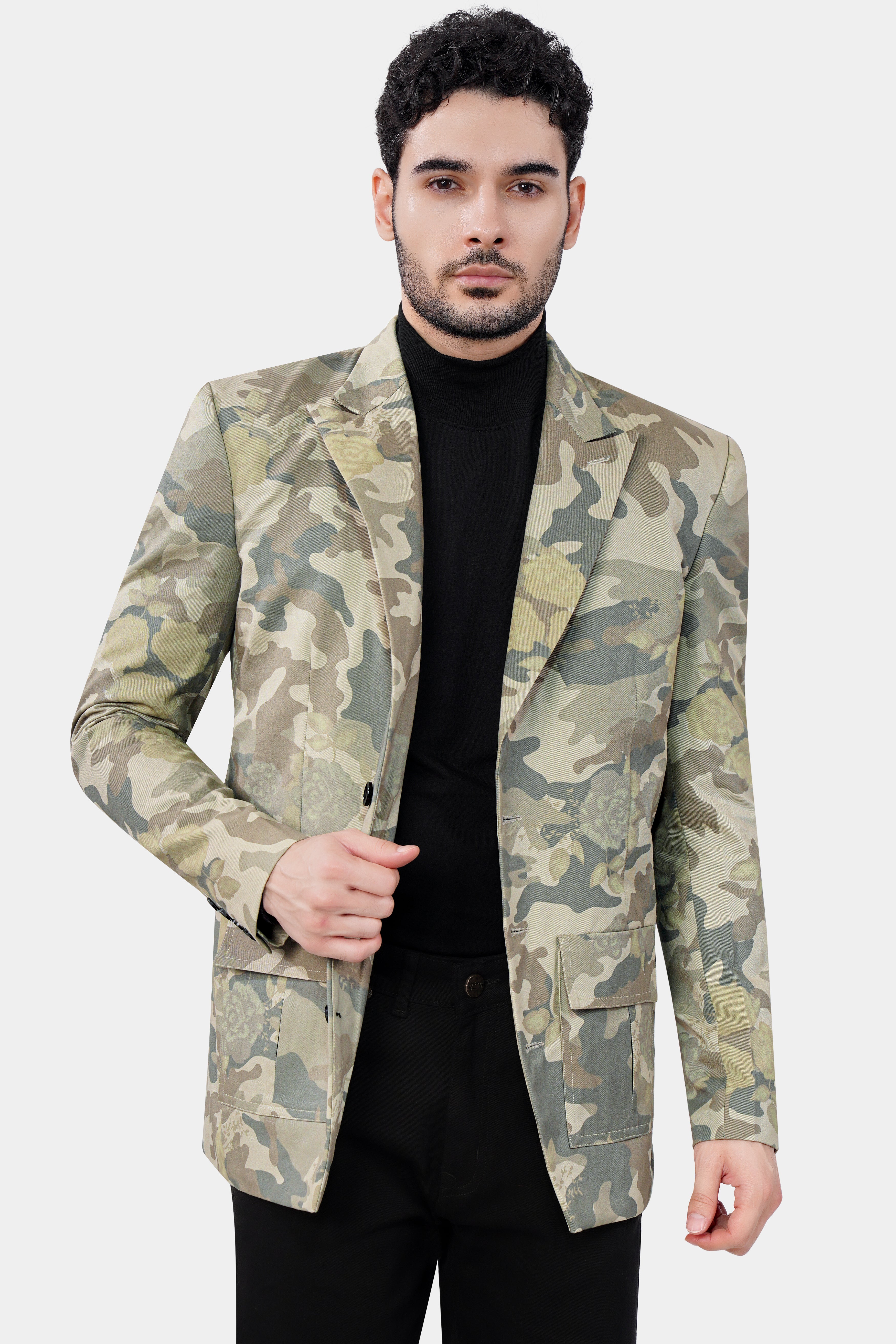 Ivory Green and Arrowtone Brown Camouflage Premium Cotton Designer Blazer With Jade Black Jeans