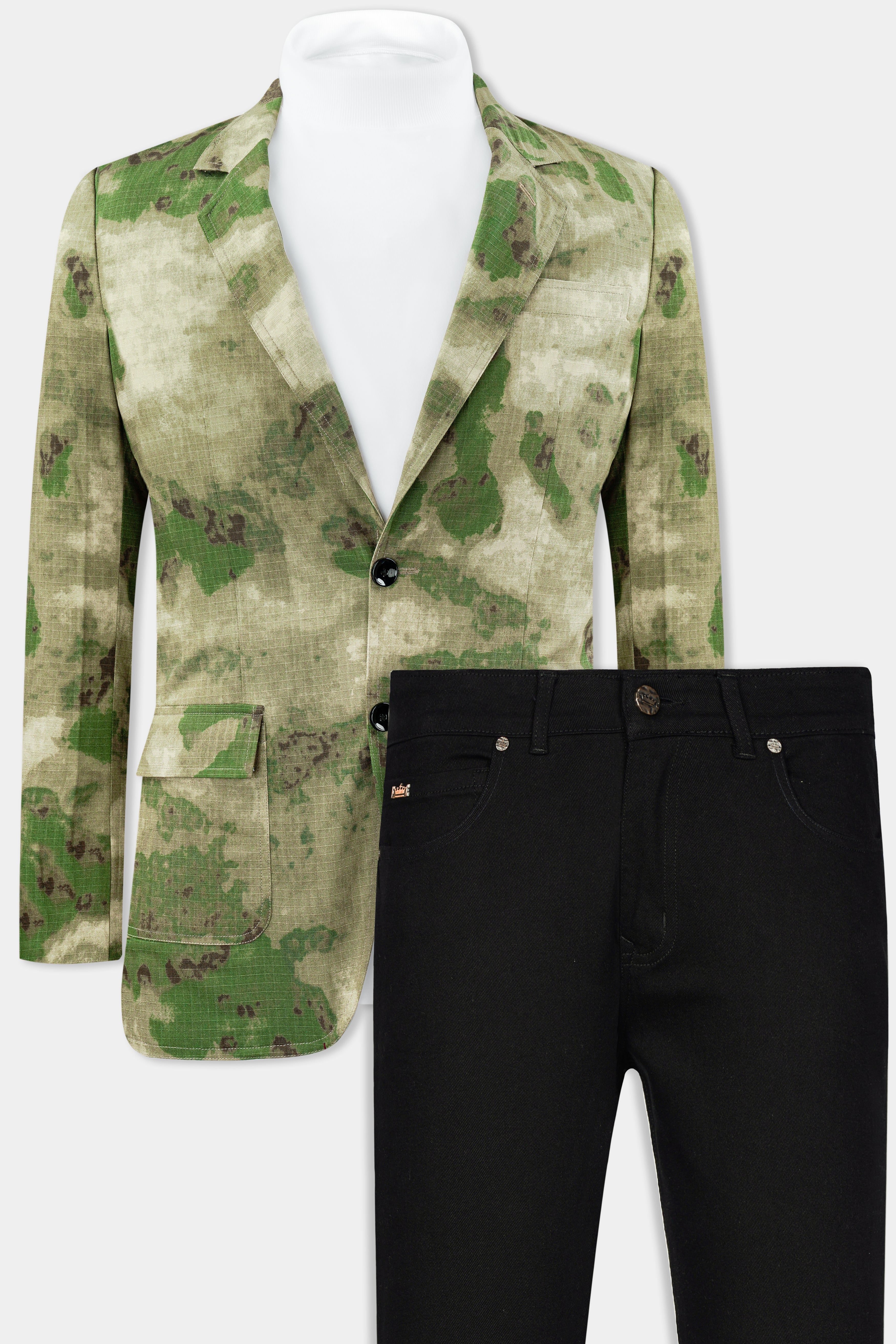 Kelp Green and Fern Green Tie Dye Printed Premium Cotton Blazer With Jade Black Jeans