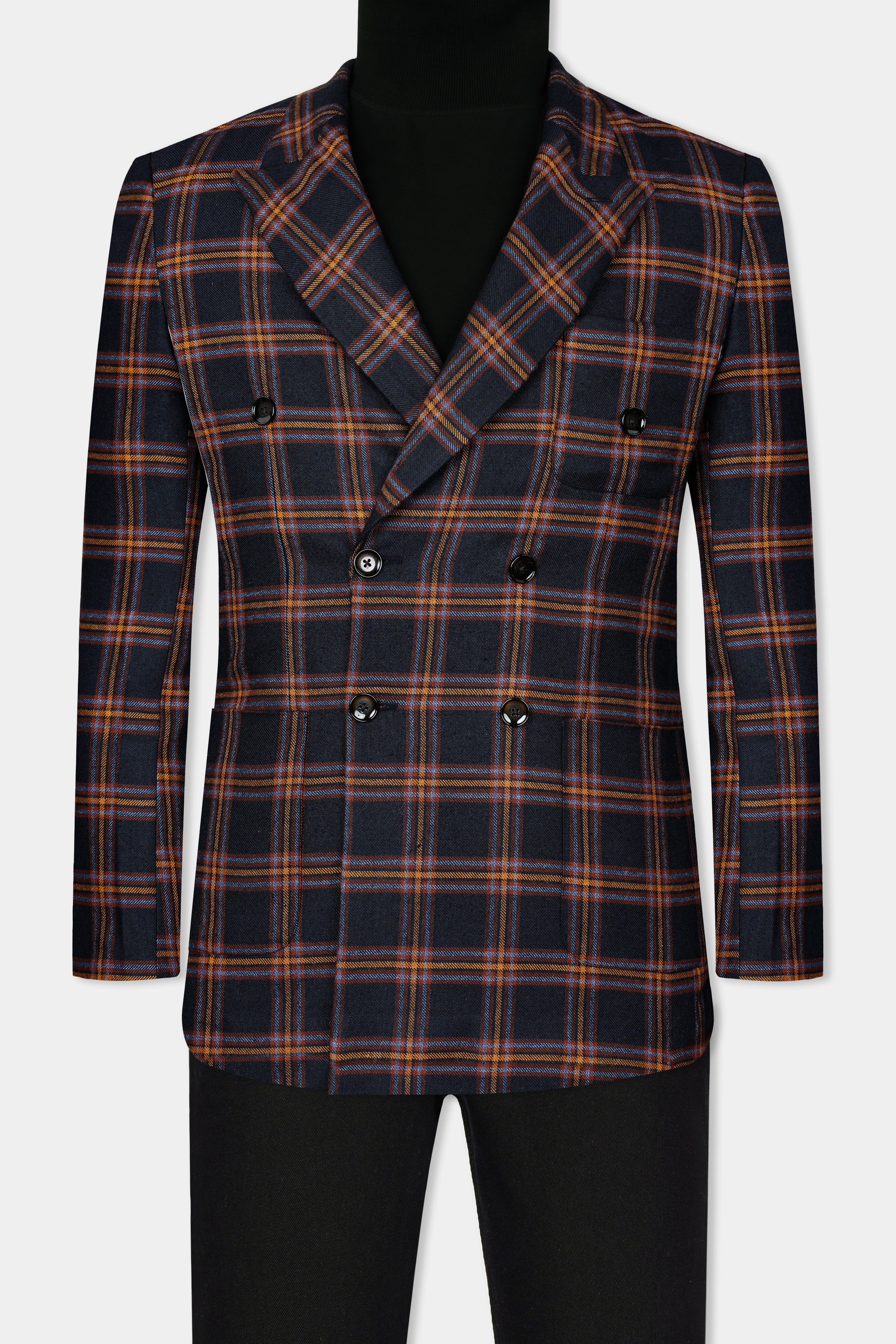 Ebony Blue and Mocha Brown Plaid Tweed Double Breasted Blazer With Jade Black Jeans