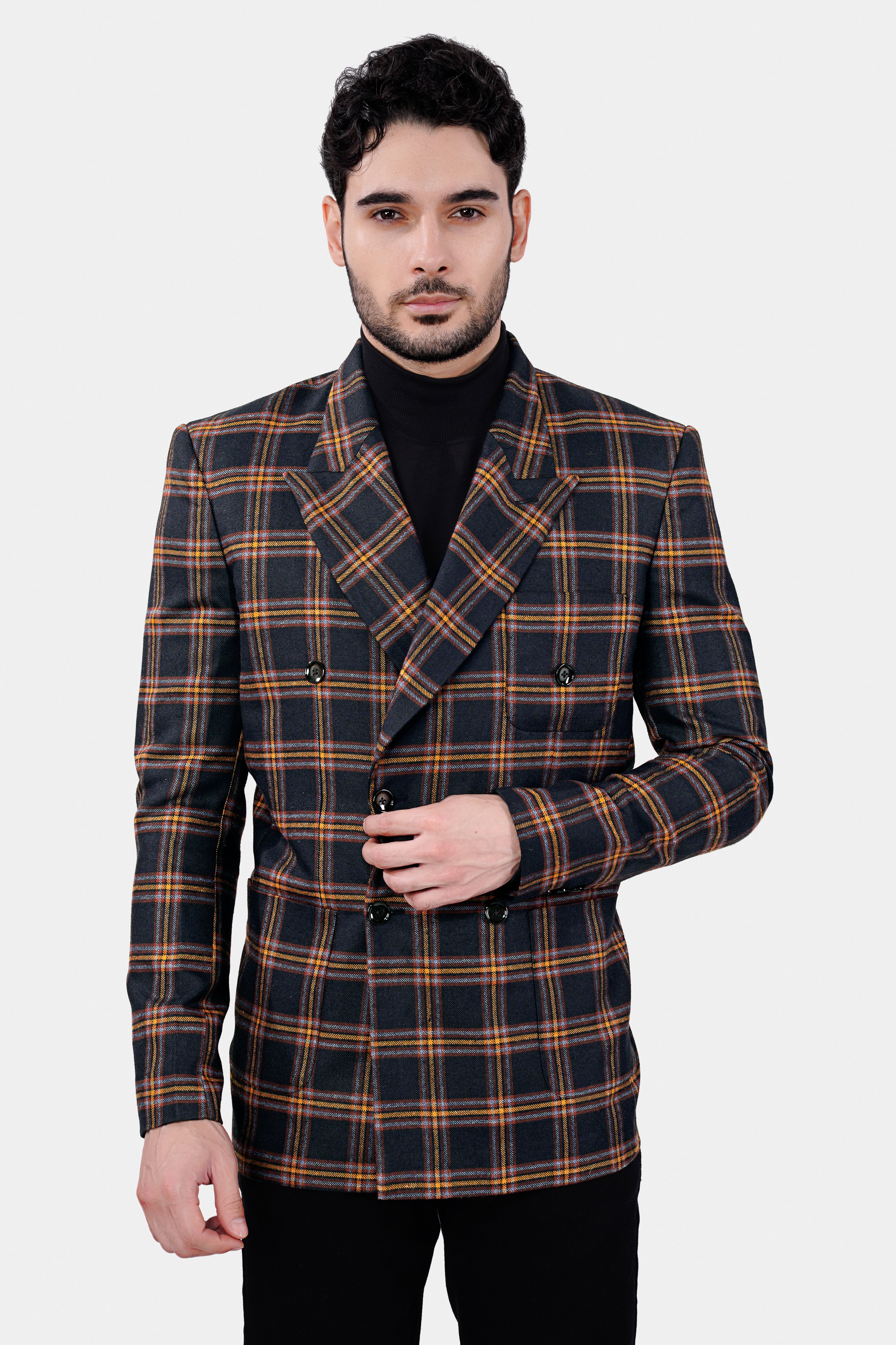 Ebony Blue and Mocha Brown Plaid Tweed Double Breasted Blazer With Jade Black Jeans