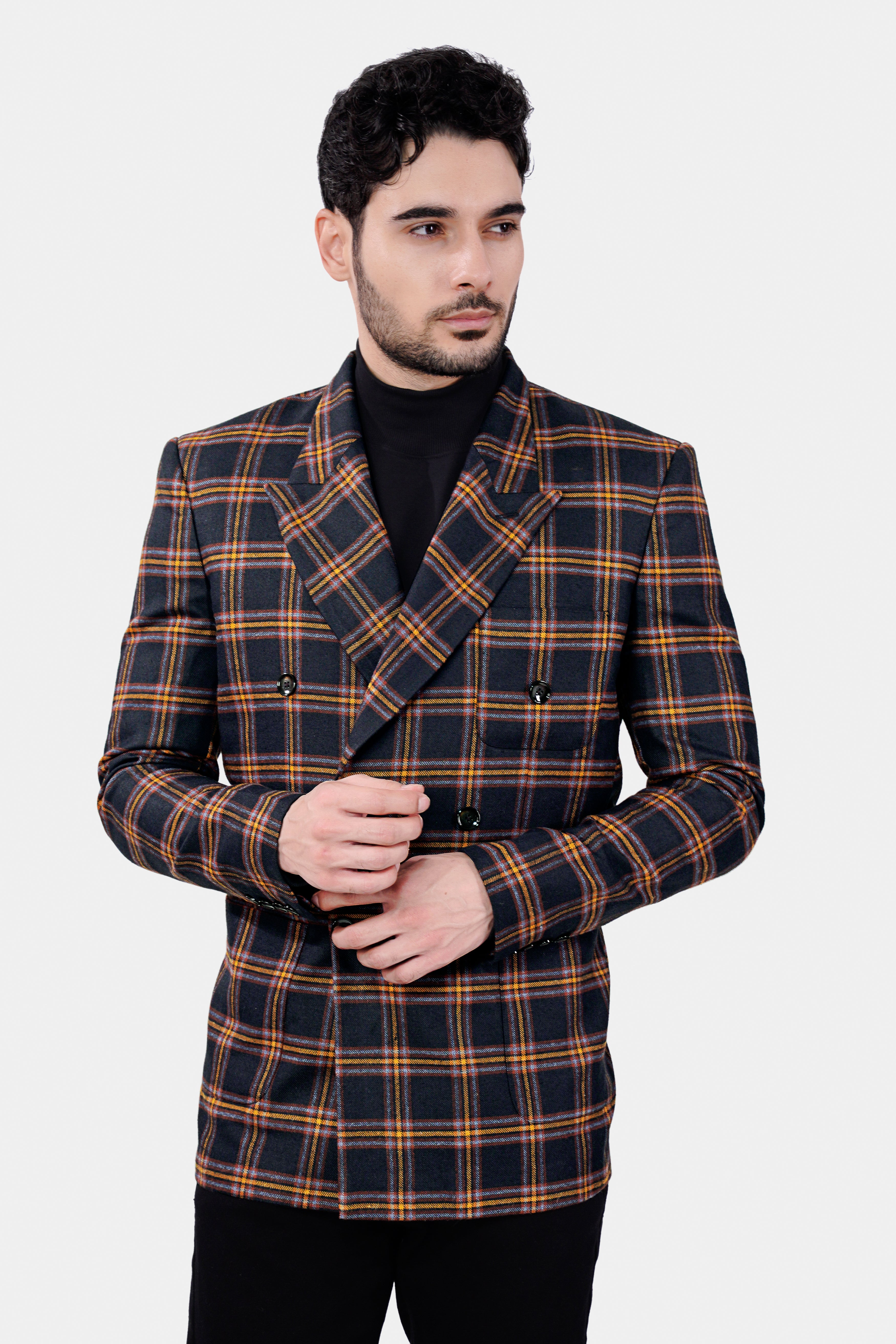 Ebony Blue and Mocha Brown Plaid Tweed Double Breasted Blazer With Jade Black Jeans