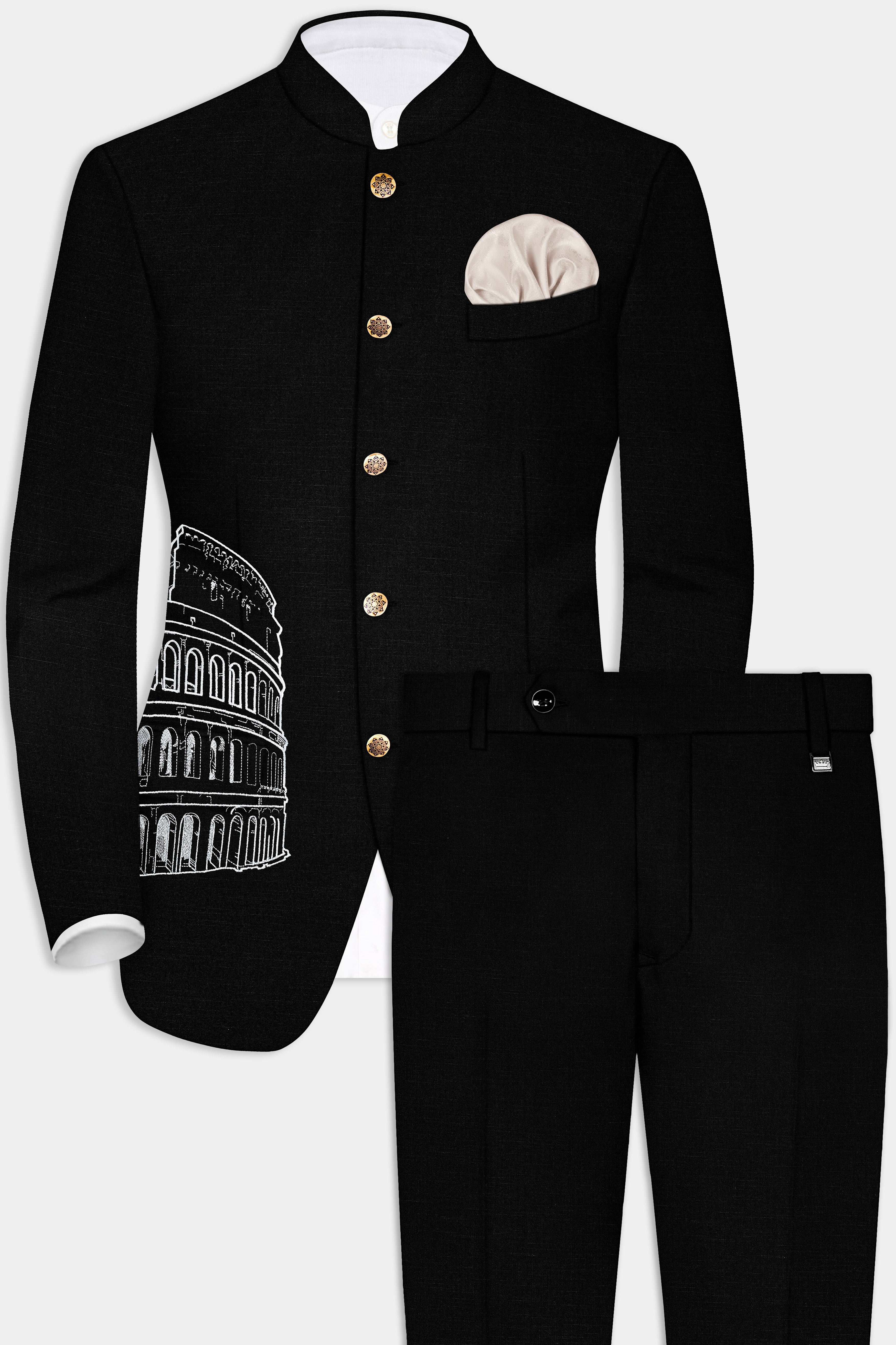 Jade Black Stretchable Colosseum Embroidered Wool Rich Designer Suit