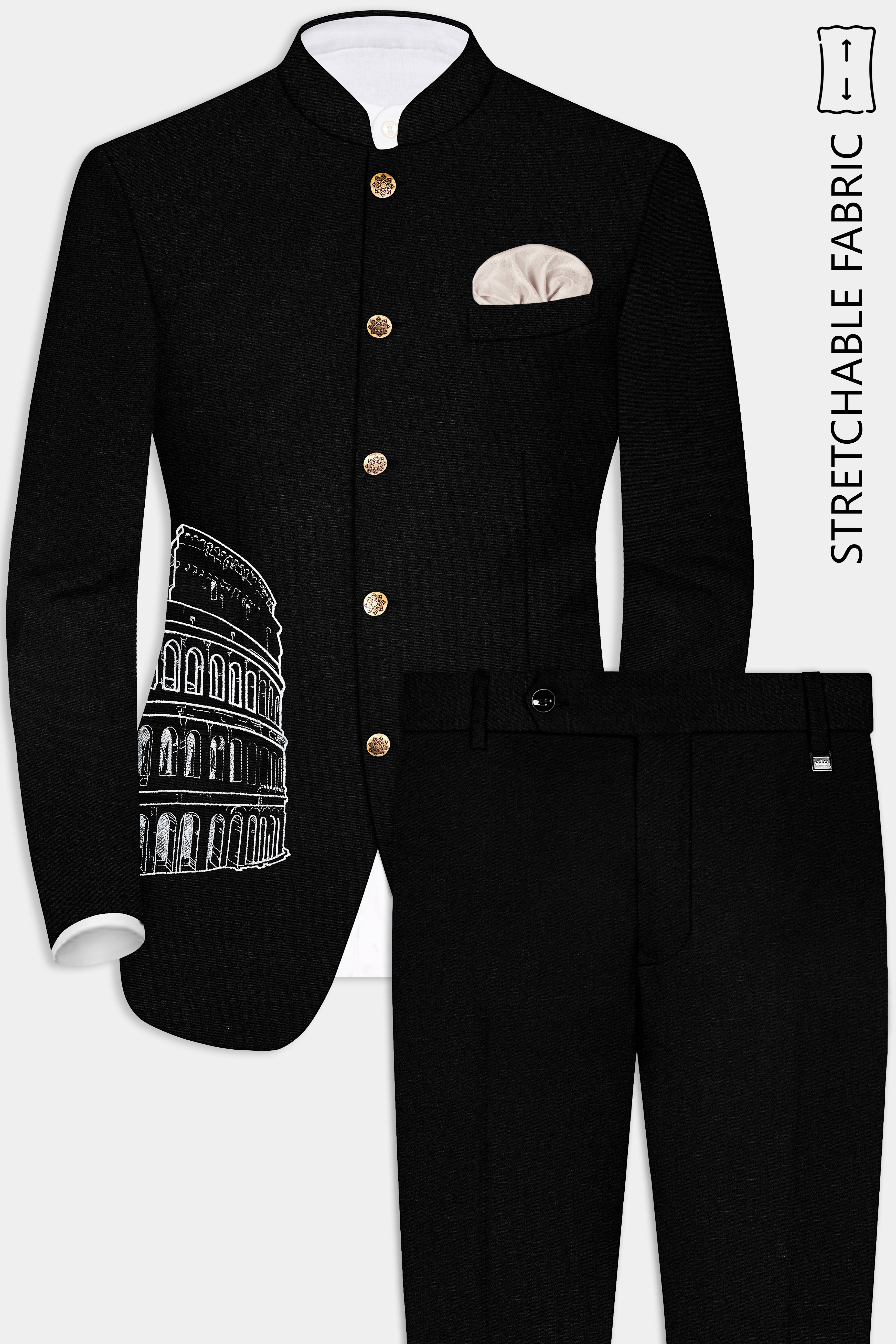 Jade Black Stretchable Colosseum Embroidered Wool Rich Designer Suit