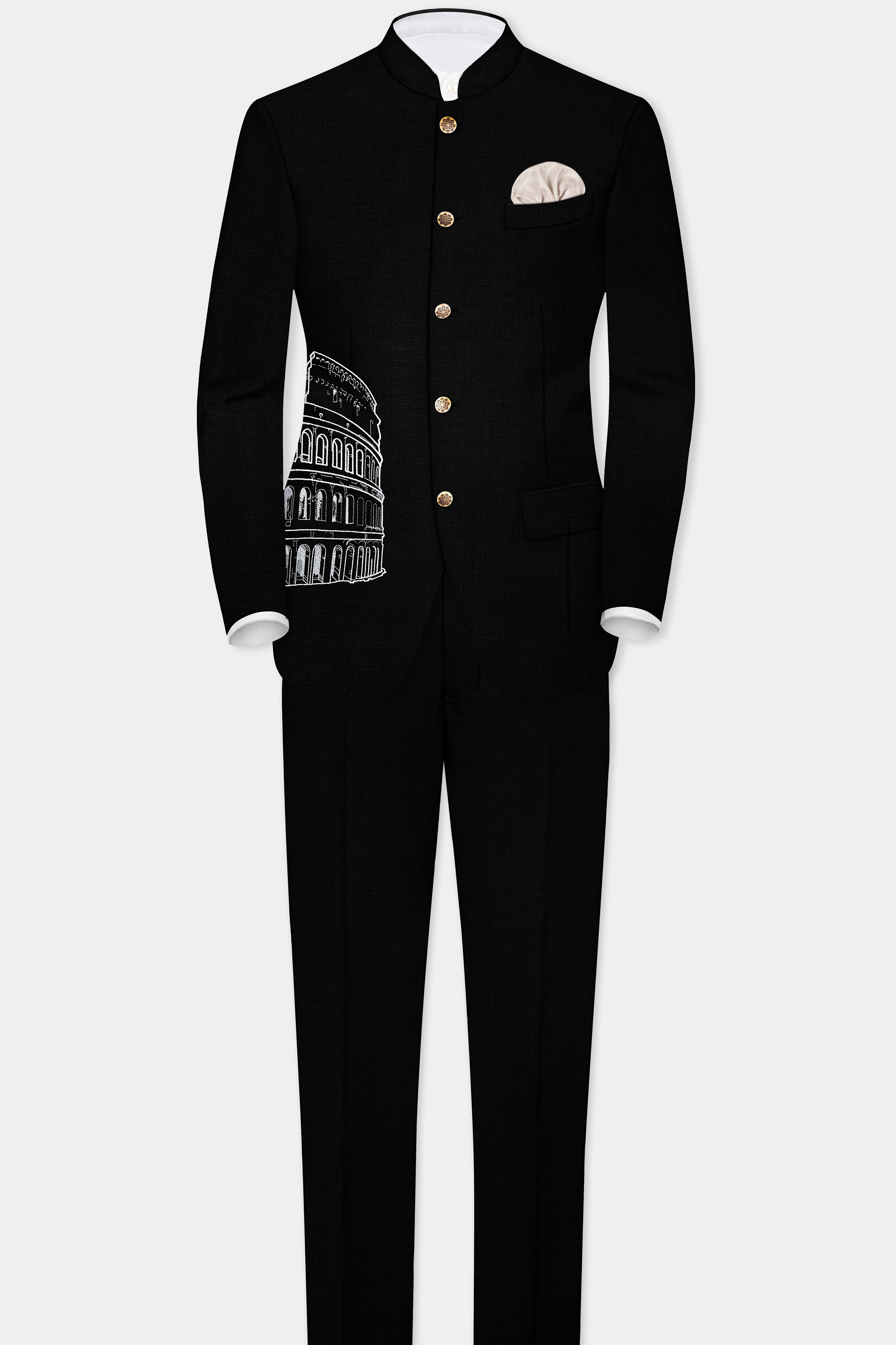 Jade Black Stretchable Colosseum Embroidered Wool Rich Designer Suit