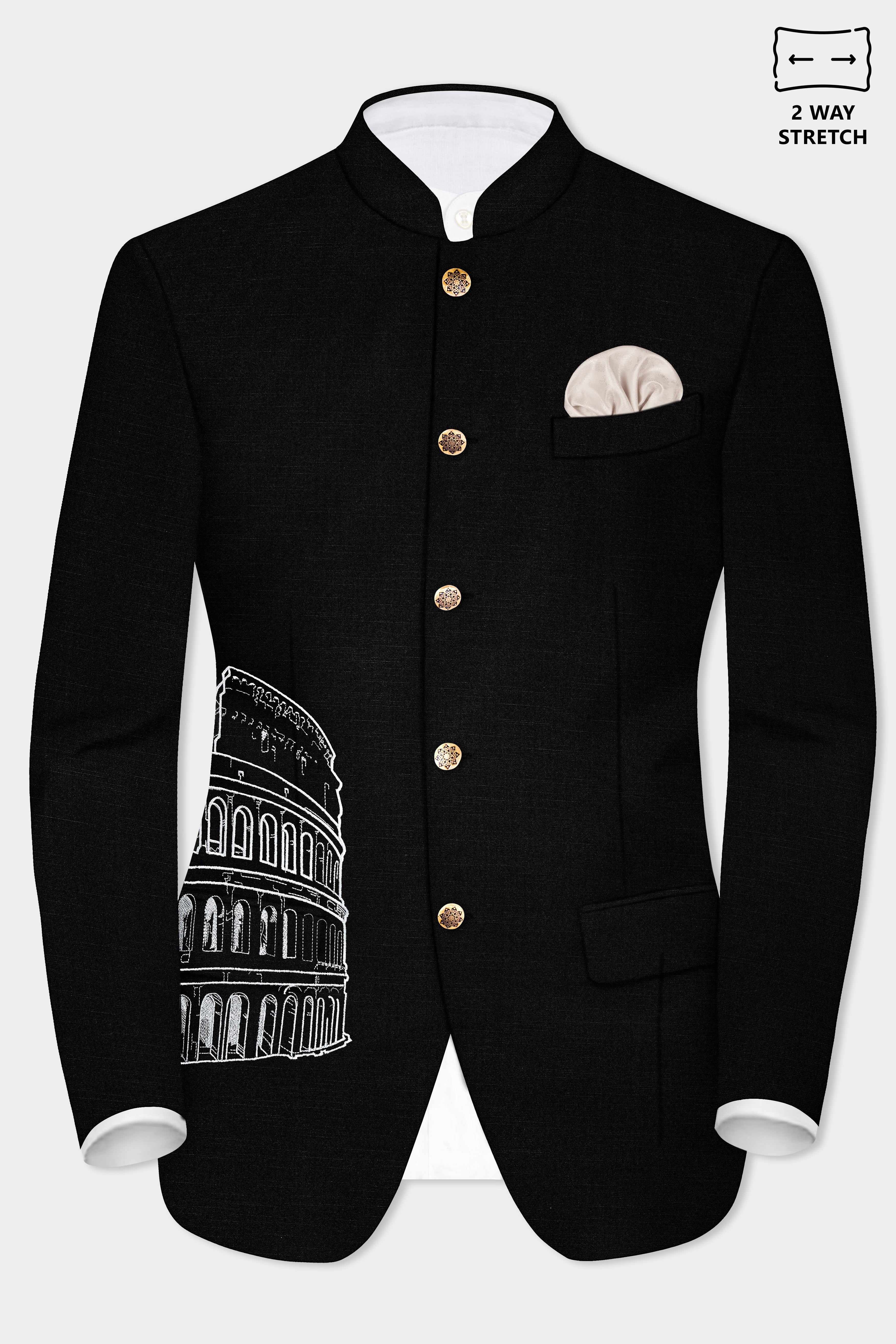 Jade Black Stretchable Colosseum Embroidered Wool Rich Designer Suit