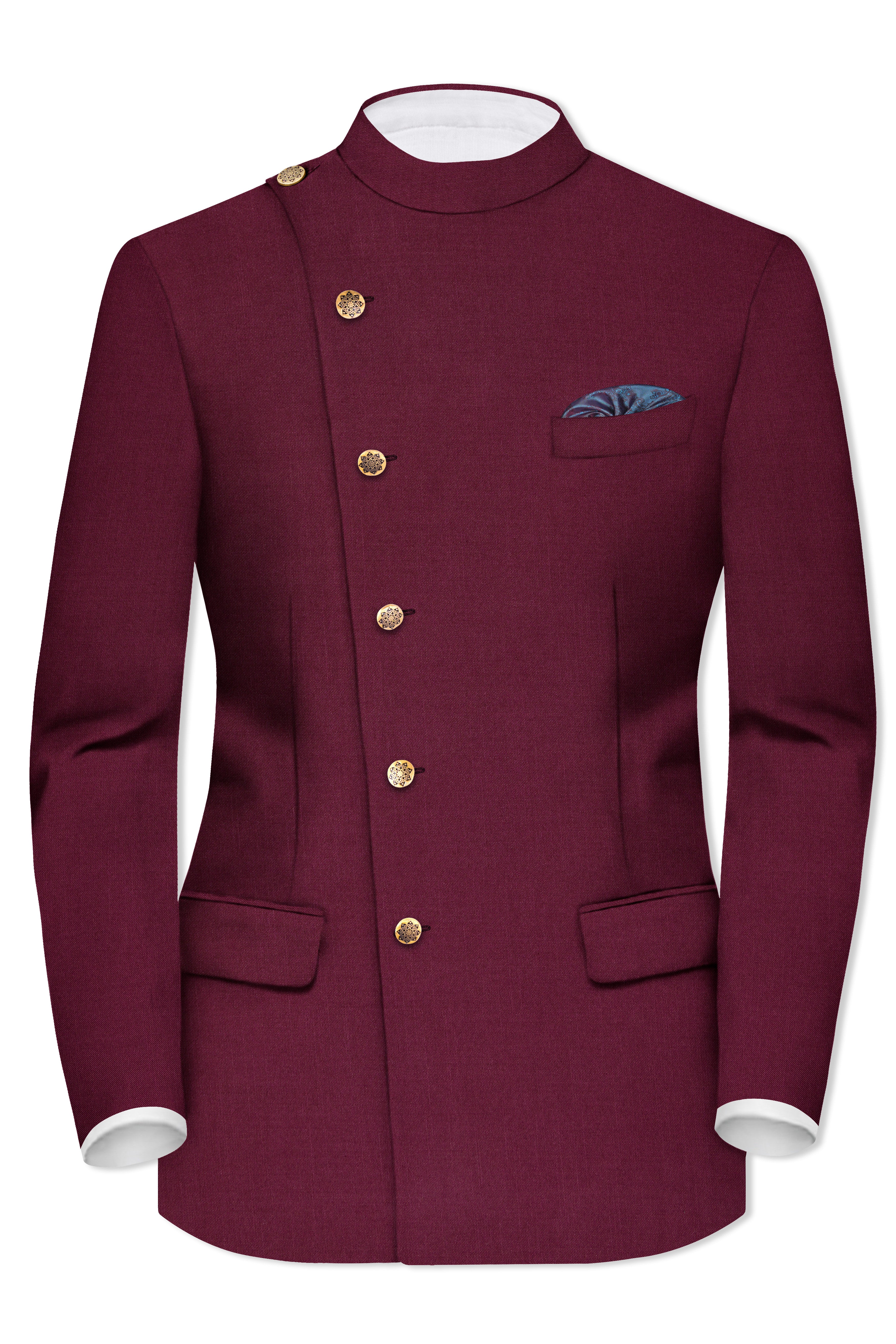 Bordeaux Maroon Cross Placket Wool Rich Bandhgala Suit
