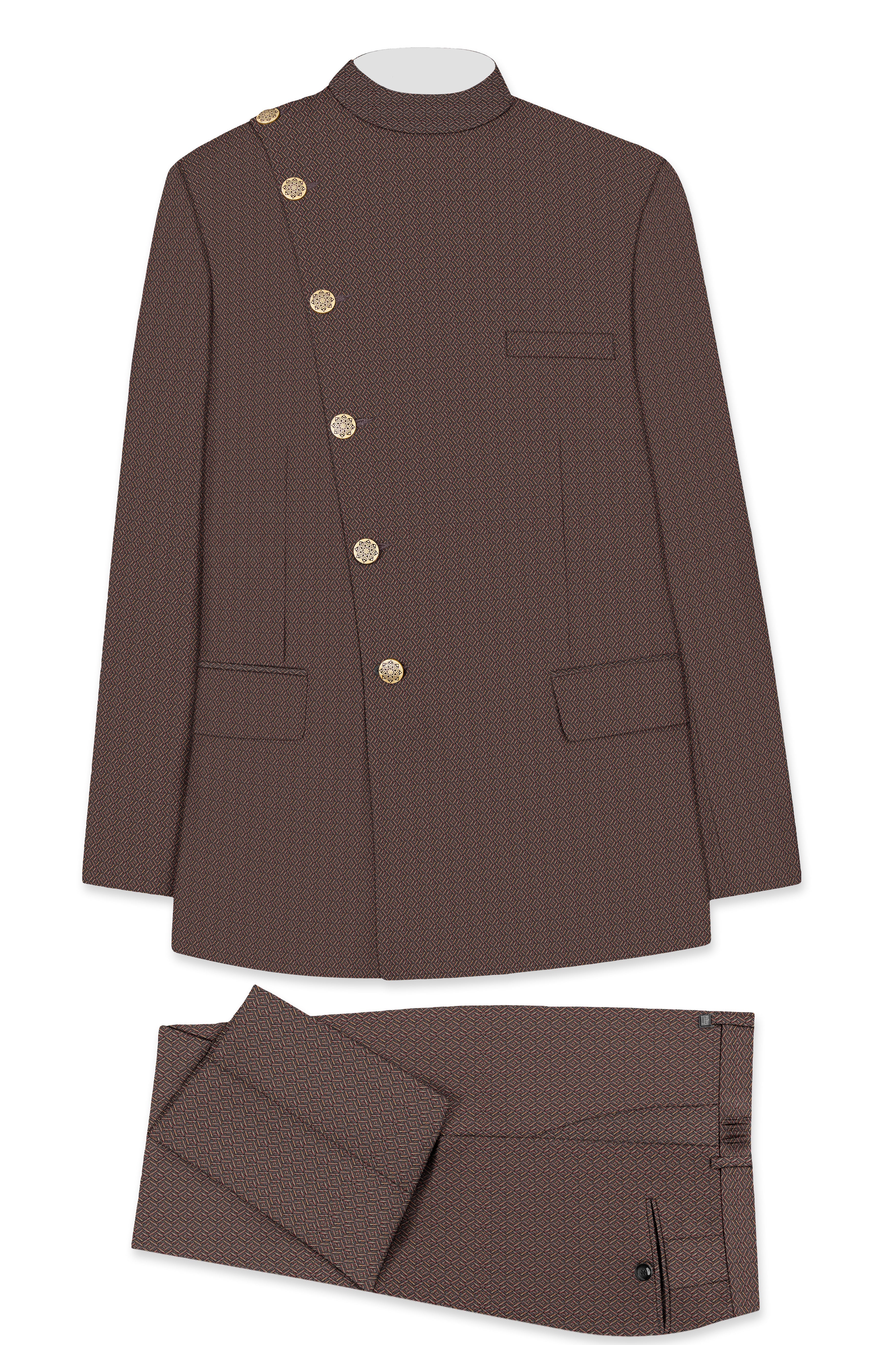Hemp Brown Cross Placket Wool Rich Bandhgala Suit