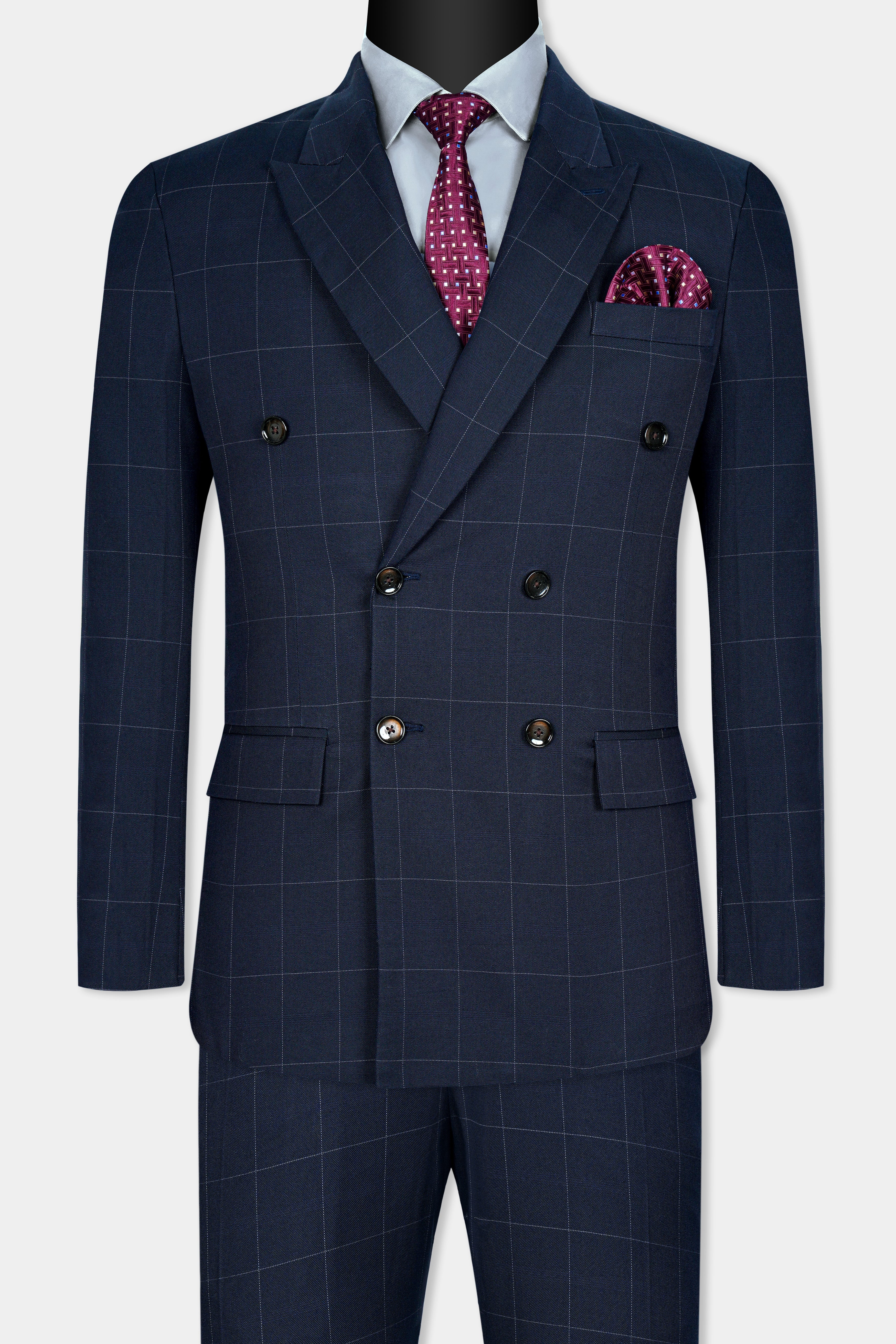 Ebony Blue Windowpane Premium Cotton Double Breasted Suit ST3074-DB-36, ST3074-DB-38, ST3074-DB-40, ST3074-DB-42, ST3074-DB-44, ST3074-DB-46, ST3074-DB-48, ST3074-DB-50, ST3074-DB-52, ST3074-DB-54, ST3074-DB-56, ST3074-DB-58, ST3074-DB-60