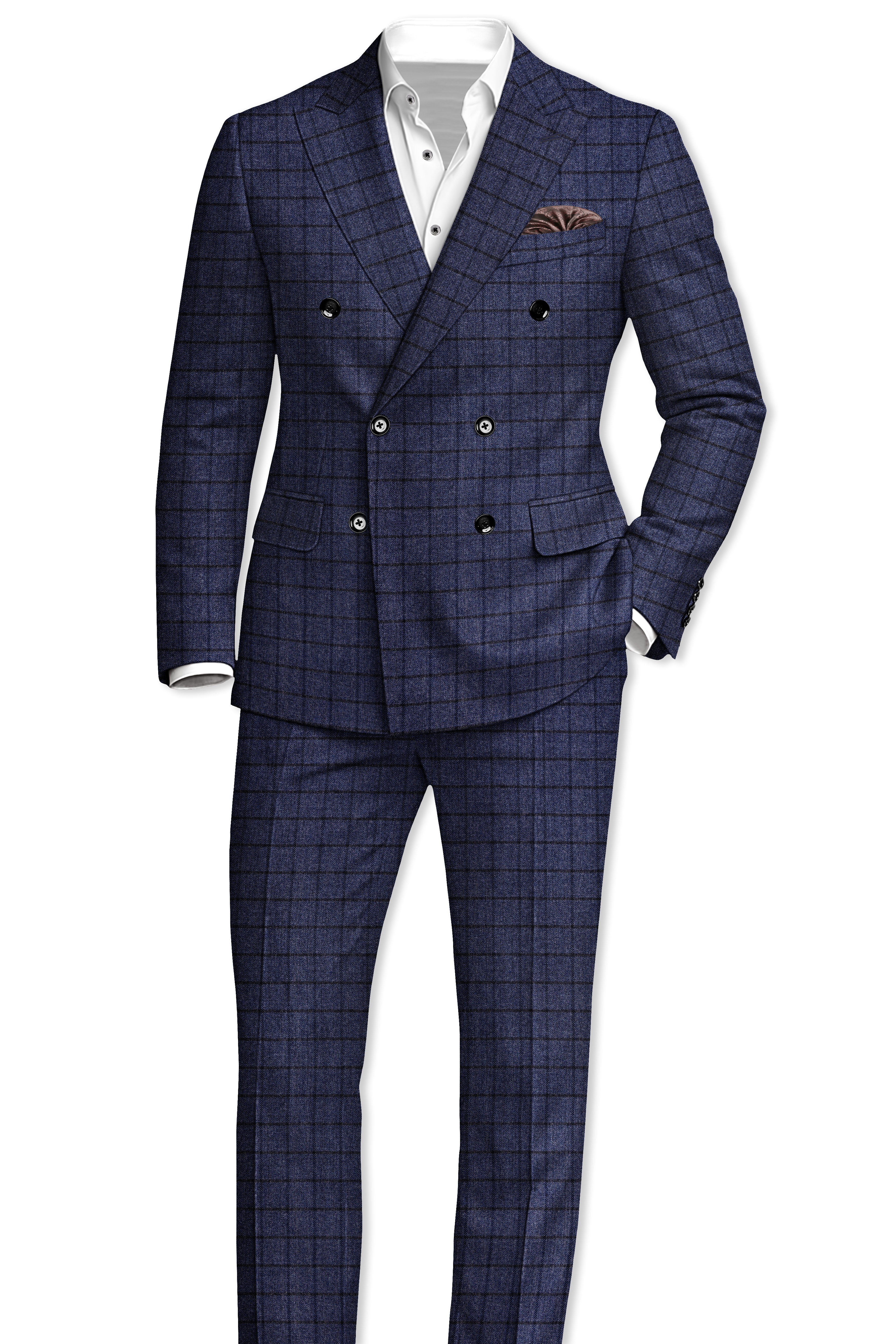 Ebony Clay Blue Windowpane Tweed Double Breasted Suit