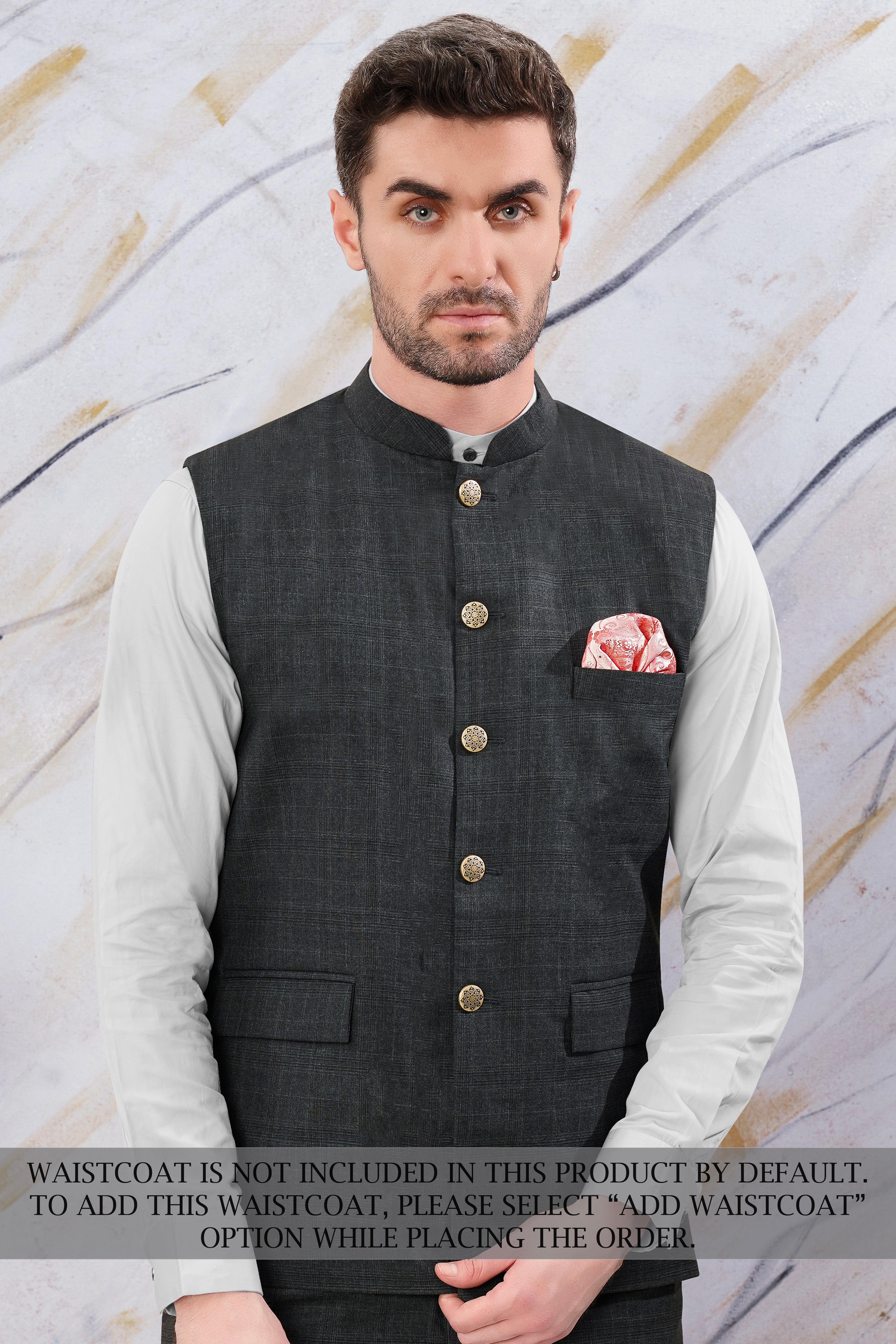 Iridium Gray Subtle Checkered Wool Rich Cross Buttoned Bandhgala Suit ST3101-CBG-36, ST3101-CBG-38, ST3101-CBG-40, ST3101-CBG-42, ST3101-CBG-44, ST3101-CBG-46, ST3101-CBG-48, ST3101-CBG-50, ST3101-CBG-52, ST3101-CBG-54, ST3101-CBG-56, ST3101-CBG-58, ST3101-CBG-60