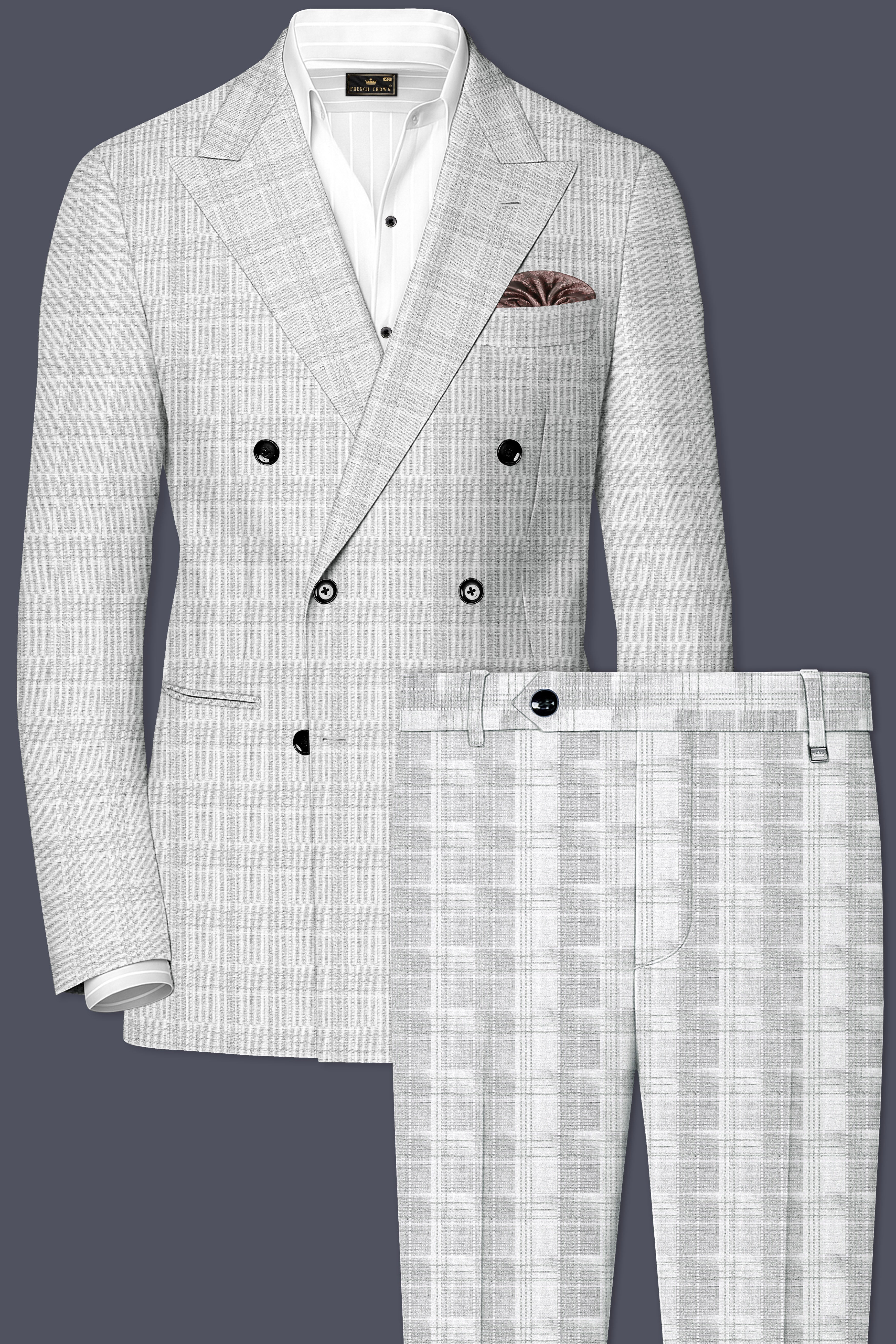 Cloud Gray Plaid Wool Rich Double Breasted Suit