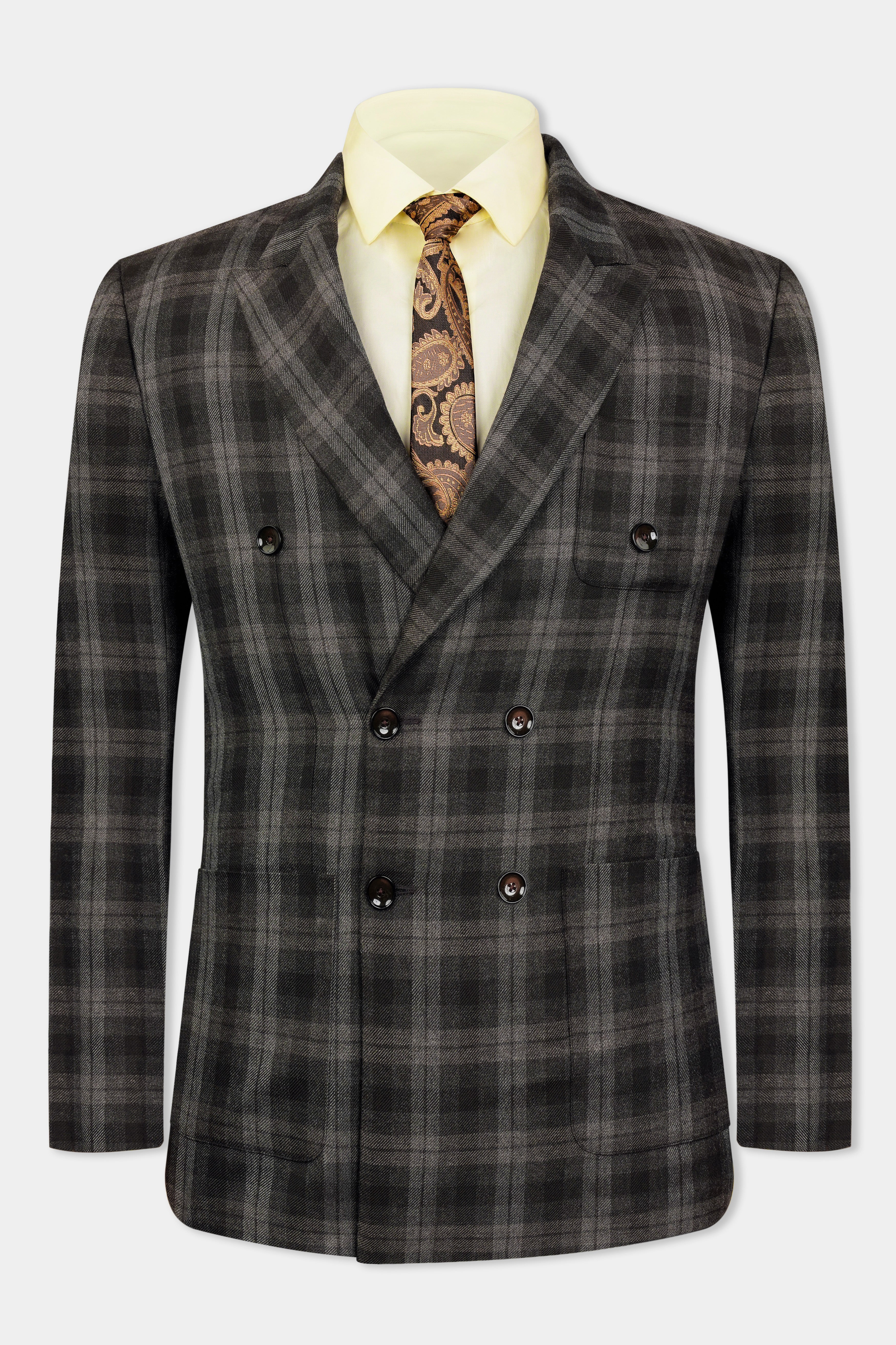 Zeus Black and Concord Gray Plaid Tweed Double Breasted Sports Suit ST3113-DB-PP-36, ST3113-DB-PP-38, ST3113-DB-PP-40, ST3113-DB-PP-42, ST3113-DB-PP-44, ST3113-DB-PP-46, ST3113-DB-PP-48, ST3113-DB-PP-50, ST3113-DB-PP-52, ST3113-DB-PP-54, ST3113-DB-PP-56, ST3113-DB-PP-58, ST3113-DB-PP-60